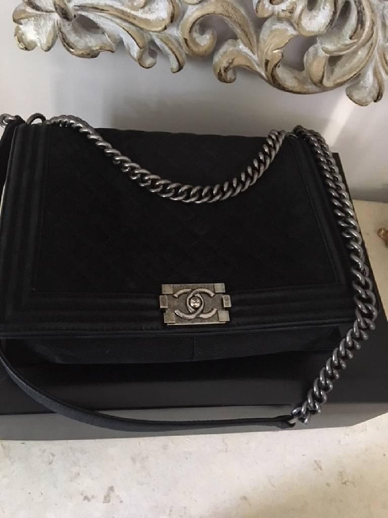 Chanel Large Boy Bag in Quilted Caviar SUEDE Leather  In New Condition For Sale In Melbourne, AU