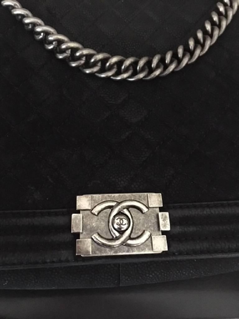 Women's Chanel Large Boy Bag in Quilted Caviar SUEDE Leather  For Sale