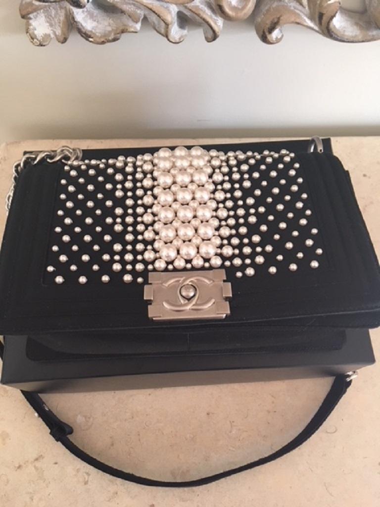 Chanel old medium size Pearl Satin Boy Bag In New Condition For Sale In Melbourne, AU