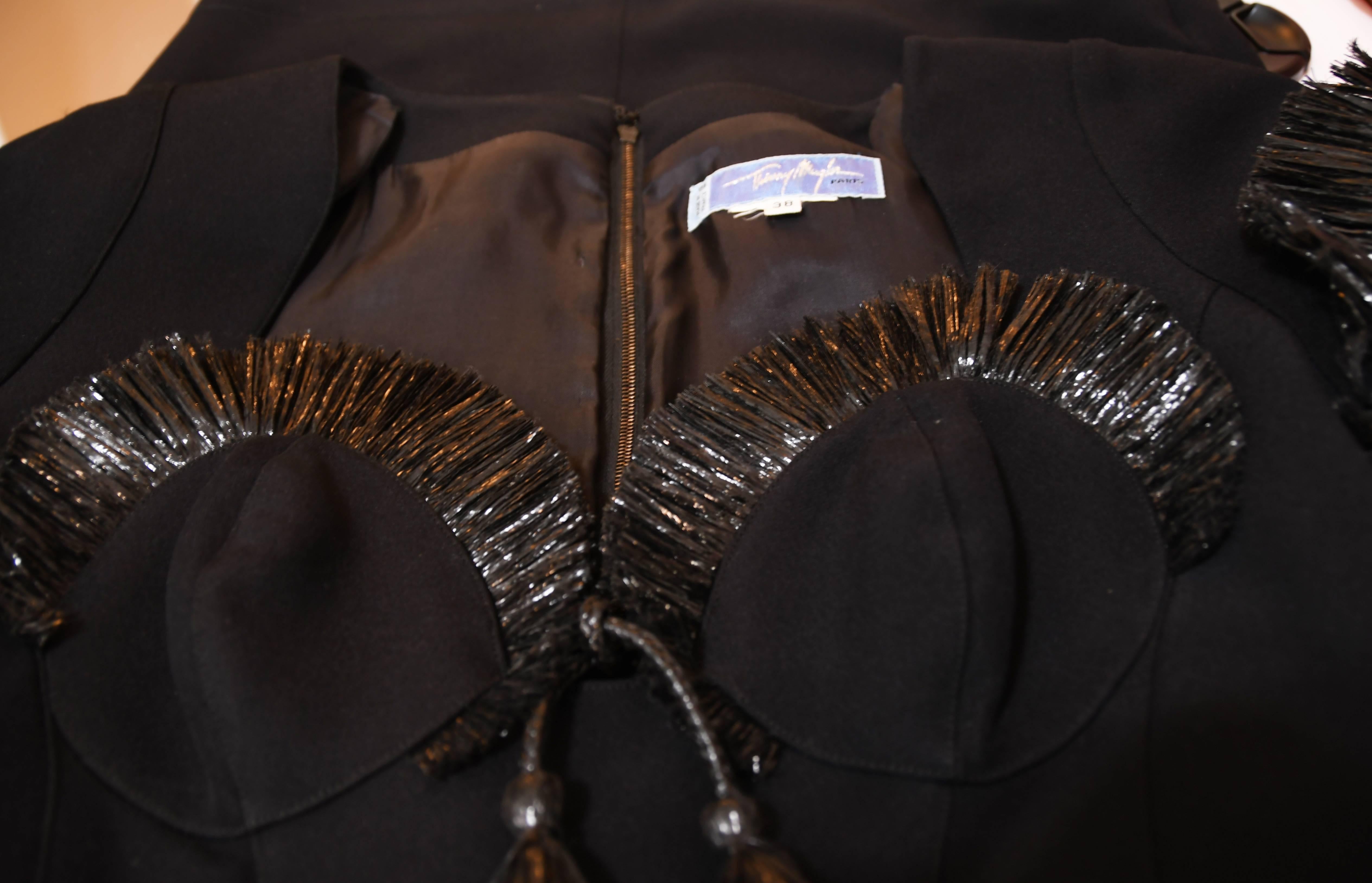 Thierry Mugler Black Sculptured Dress with Raffia Detail For Sale 2