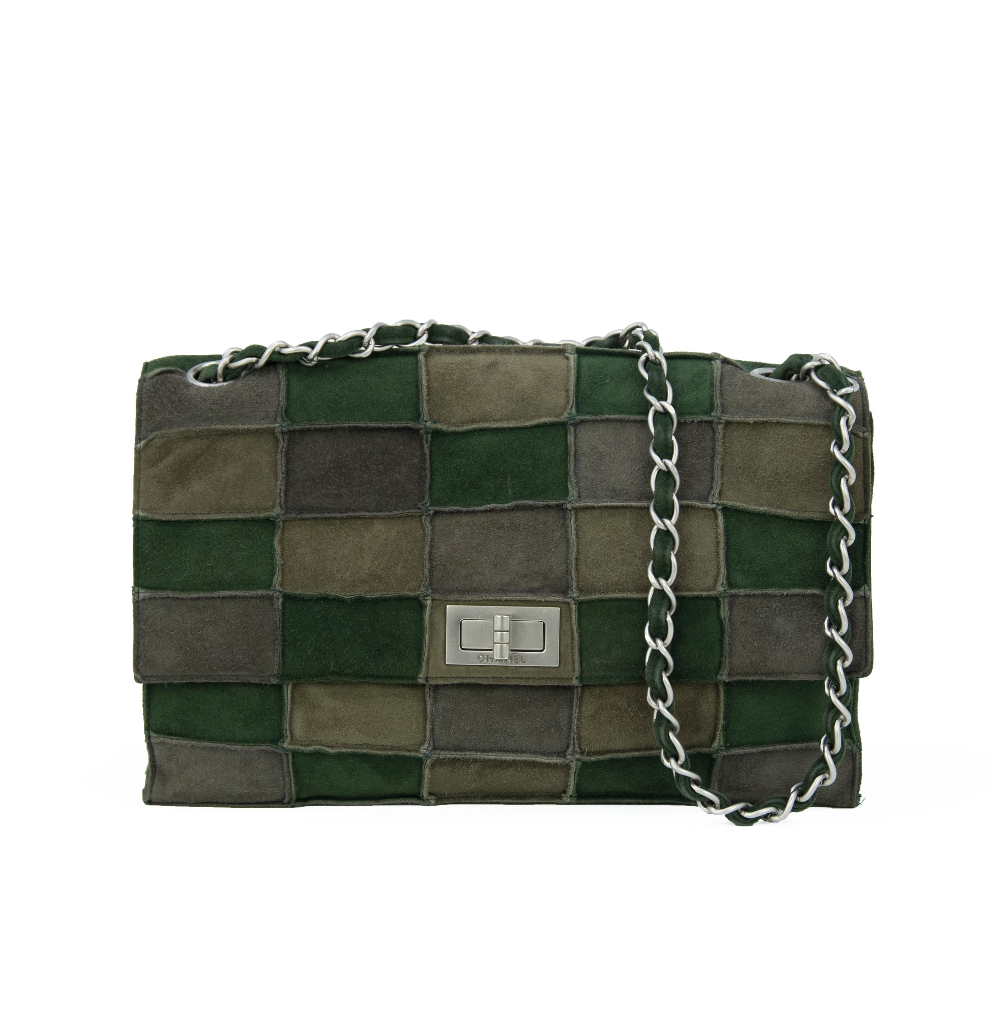 Chanel Green Patched Suede Double Flap Bag For Sale