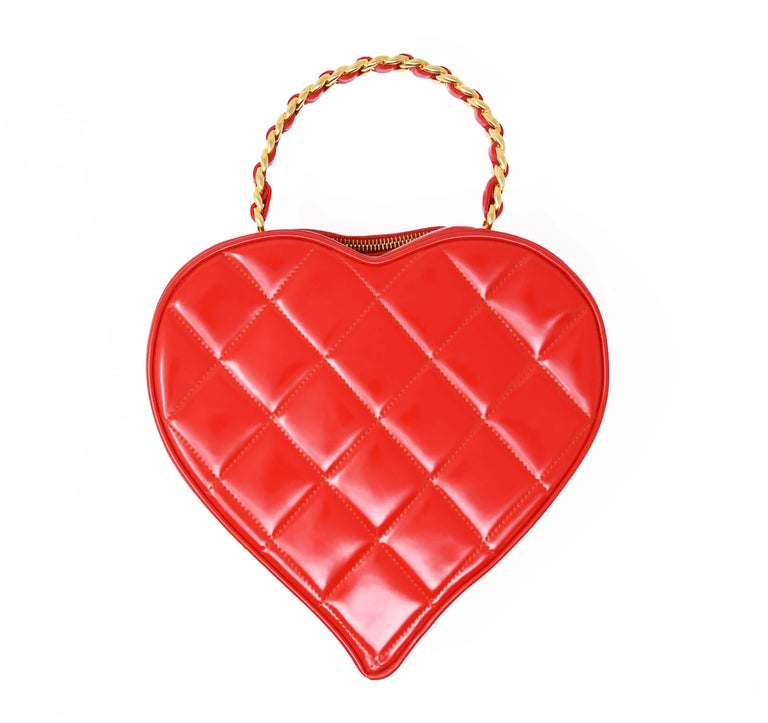 Vintage Chanel Bright Red Heart Shaped Quilted Bag For Sale at 1stdibs