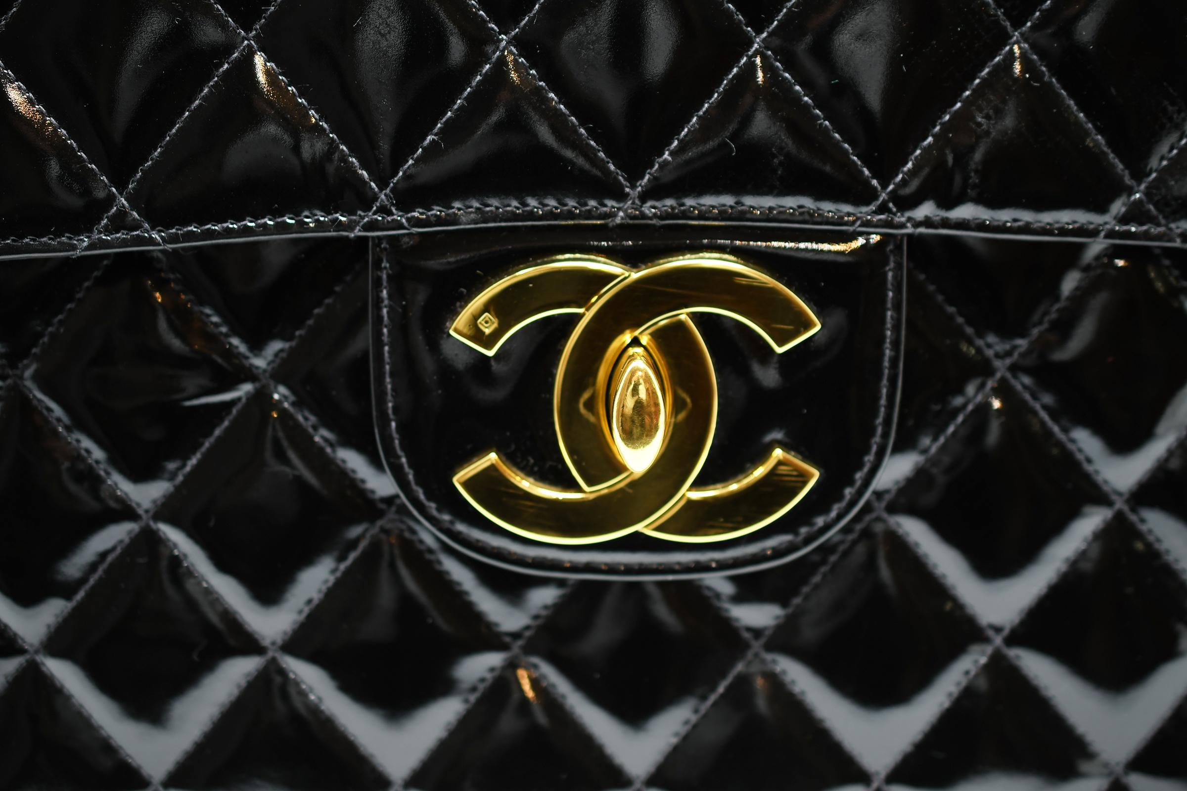 Black Chanel Vintage Patent Leather Jumbo Double Flap Bag