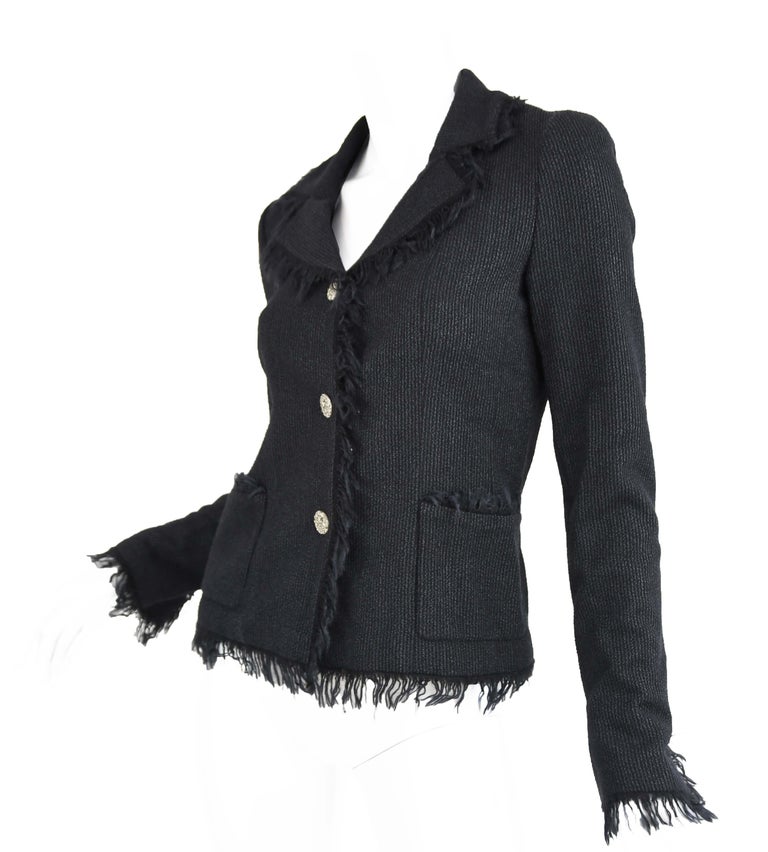Chanel Black Wool Blazer with Silver Buttons - Size FR 34 For Sale at ...
