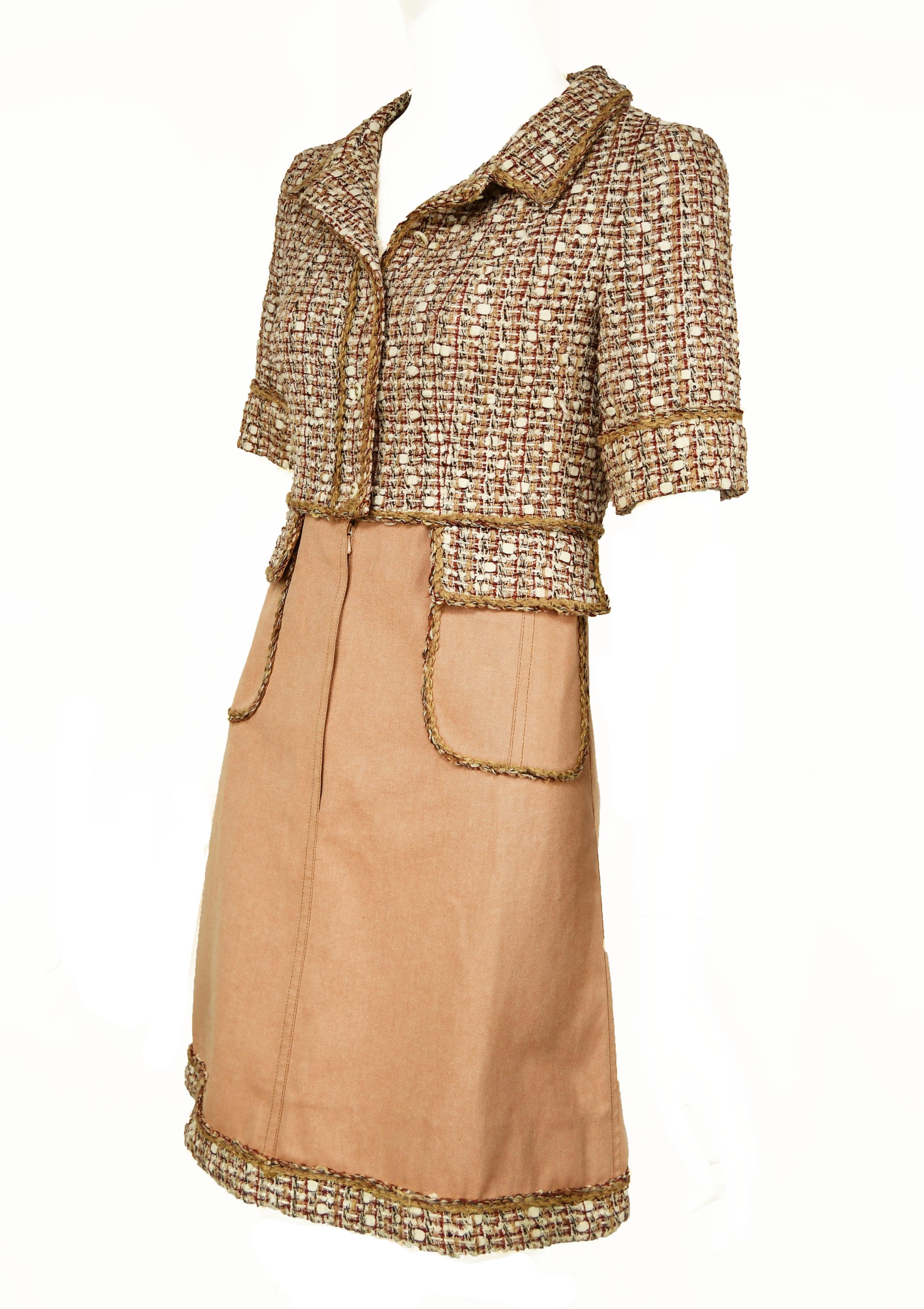 Classic Chanel A-Line dress made out of beautiful neutral tweed and twill fabric.  Off white buttons with gold 