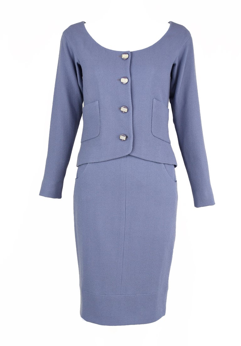 Vintage Chanel Lilac/Gray Suit with Rhinestone Buttons - Size FR 36 For ...