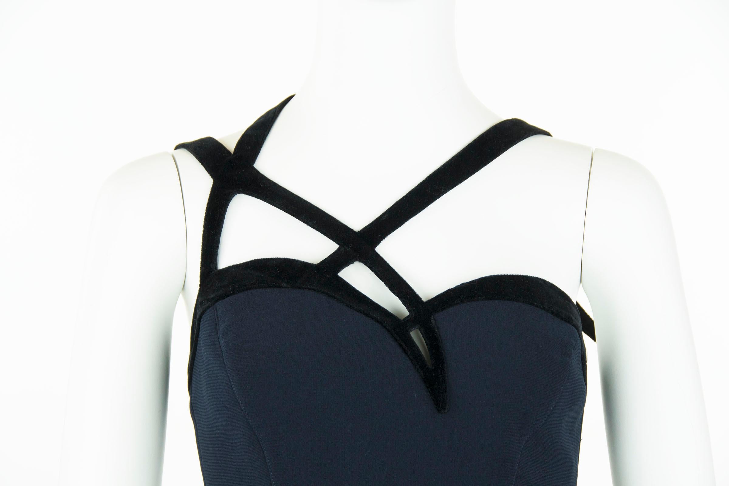 Women's Thierry Mugler Navy Silk and Black Velvet Gown  For Sale