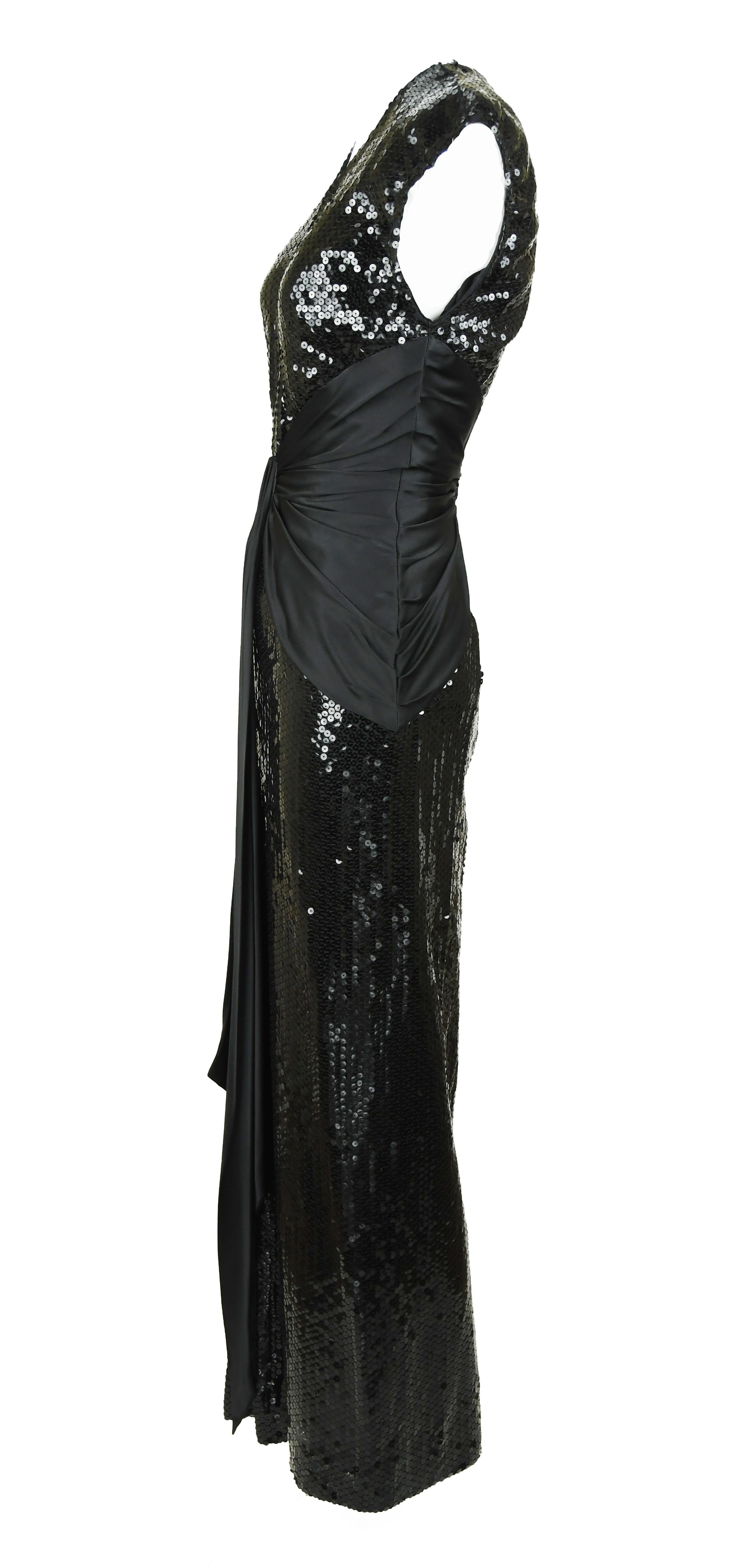 Vintage Azzaro Black Sequin Gown with Silk Sash - Size S In Excellent Condition For Sale In Newport, RI