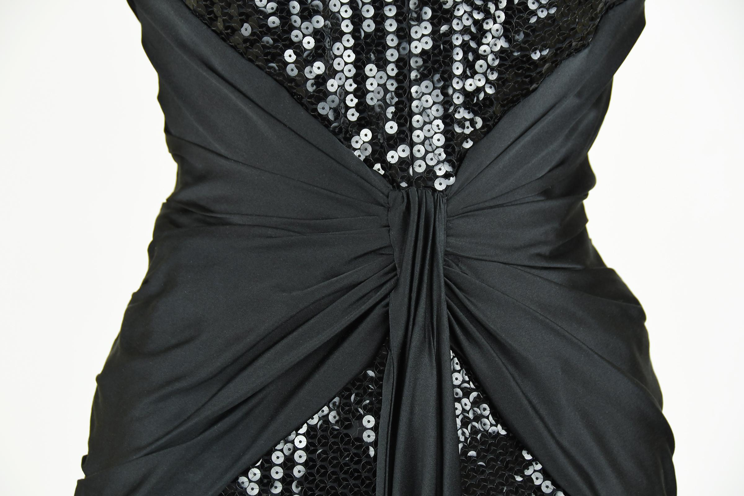 Vintage Azzaro Black Sequin Gown with Silk Sash - Size S For Sale 1