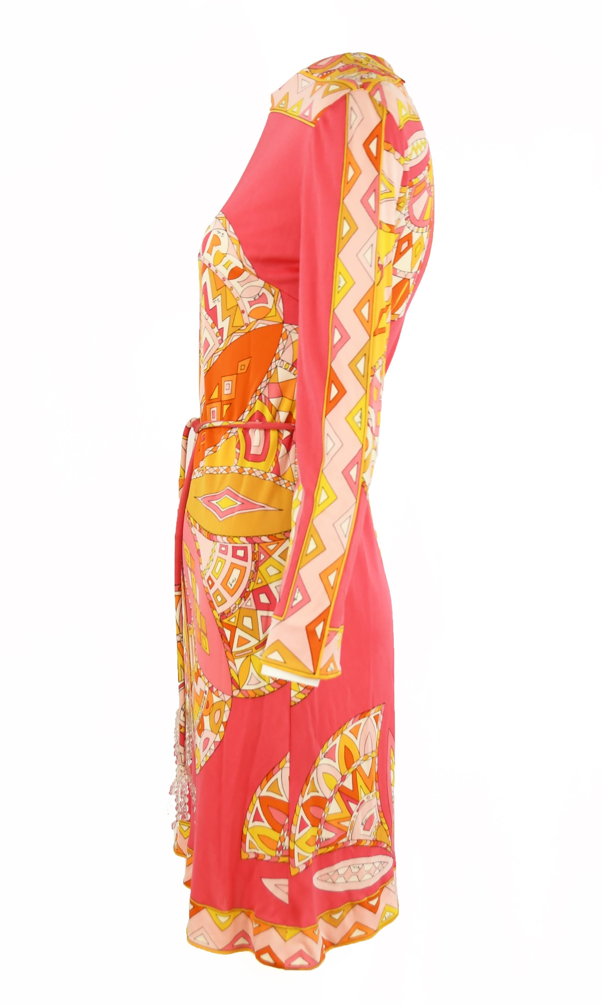 Pucci Coral Yellow Orange Vintage Silk Jersey Dress  In Excellent Condition For Sale In Newport, RI