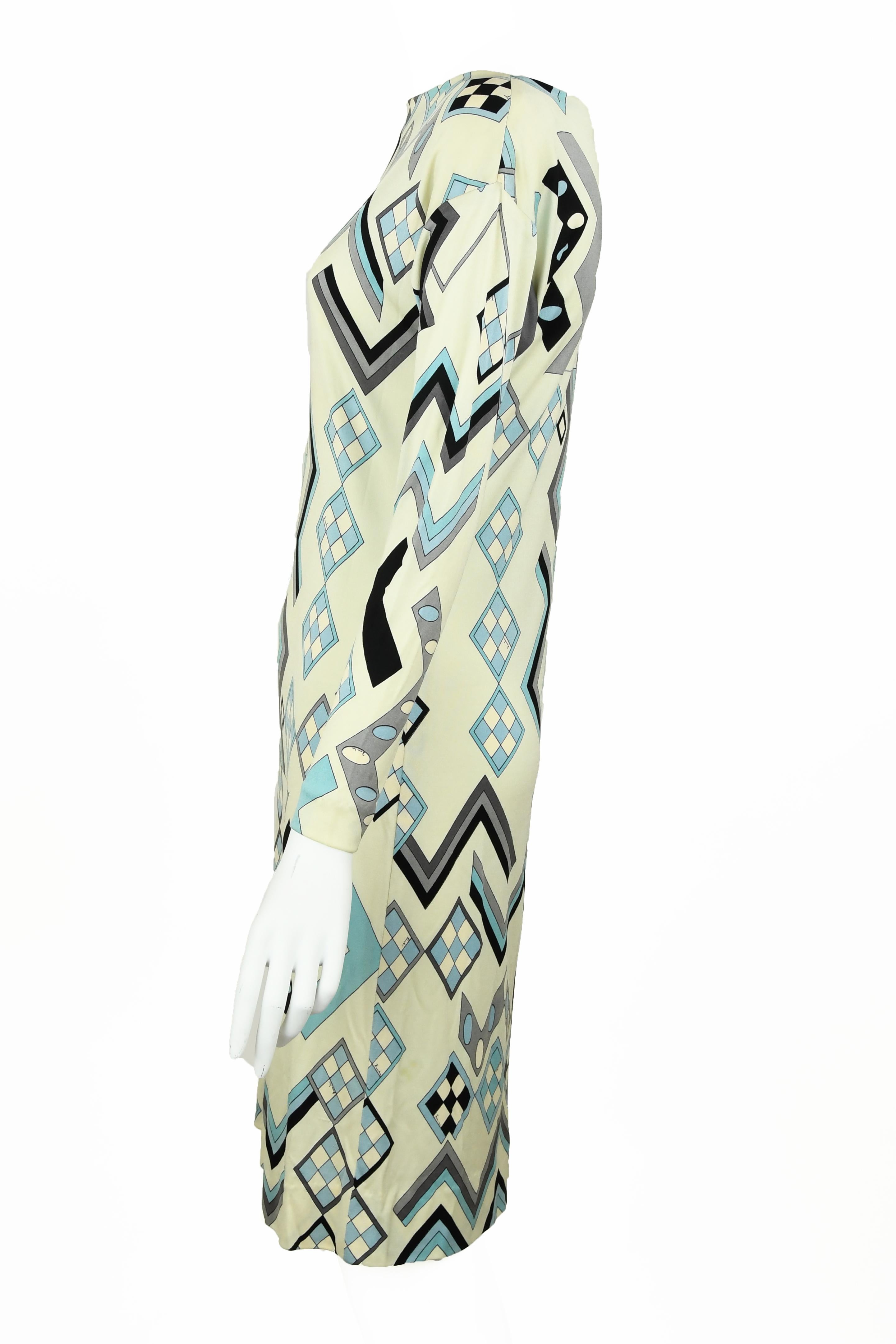 Vintage Pucci Off White, Blue & Gray Silk Jersey Dress - Size 2/4 In Excellent Condition For Sale In Newport, RI