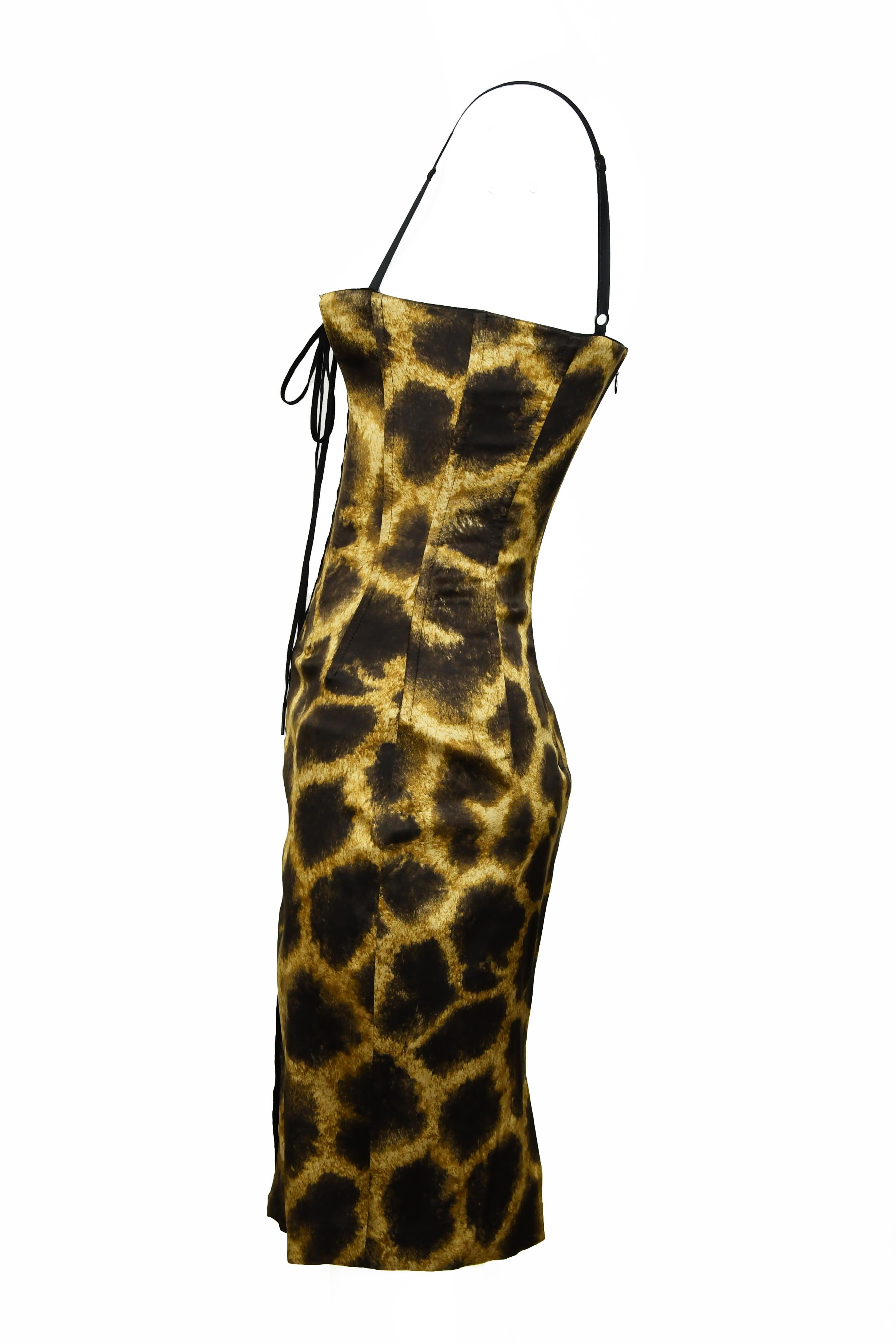 Very sexy silk charmeuse lace up Dolce & Gabbana dress.  Dark brown giraffe print with boning that gives this dress amazing structure.  D&G 