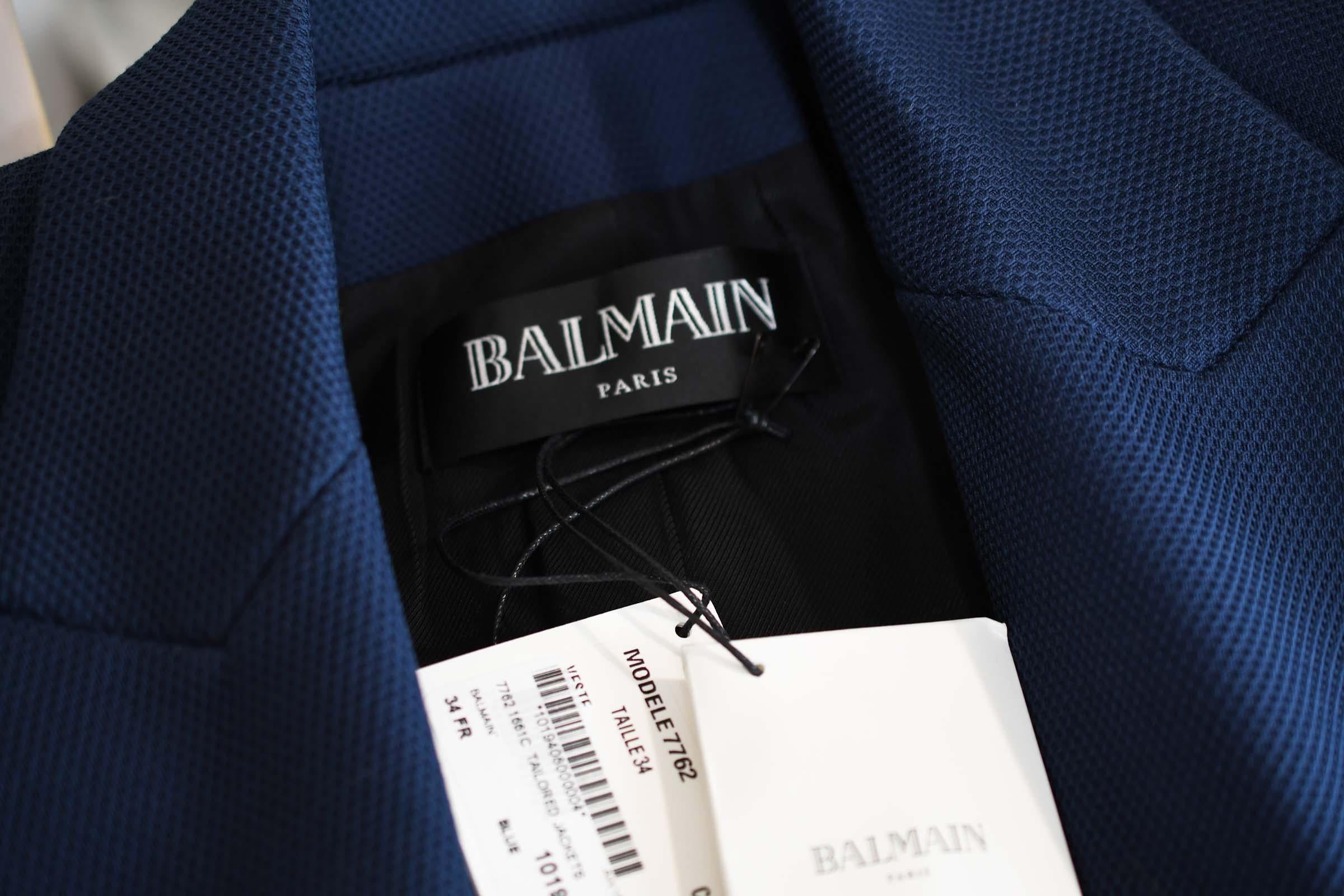 Women's Balmain Navy Pique Double Breasted Blazer - Size FR 34 For Sale