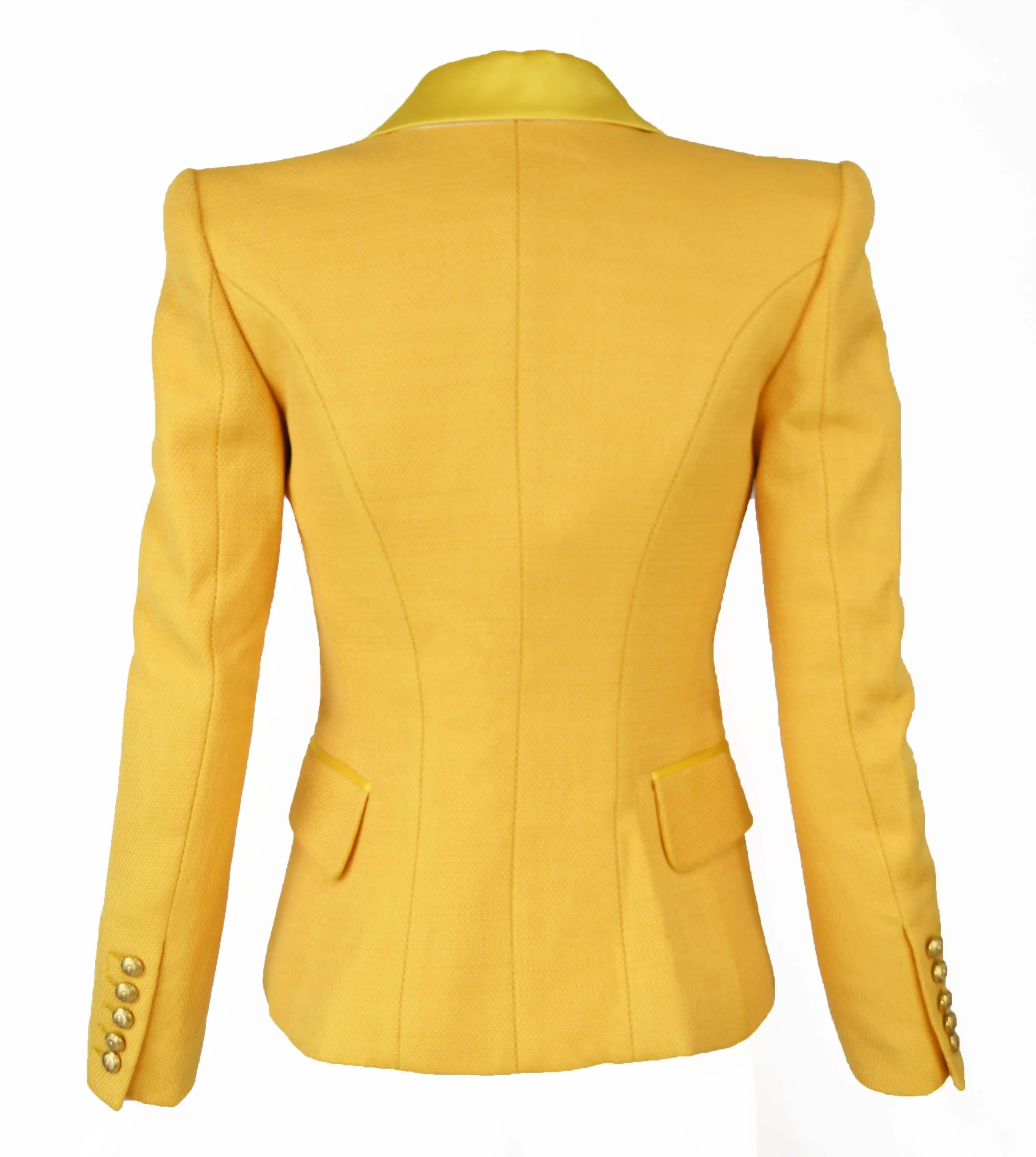 Balmain Yellow Pique Blazer with Satin Collar - Sizes FR 34 & 36 In New Condition For Sale In Newport, RI