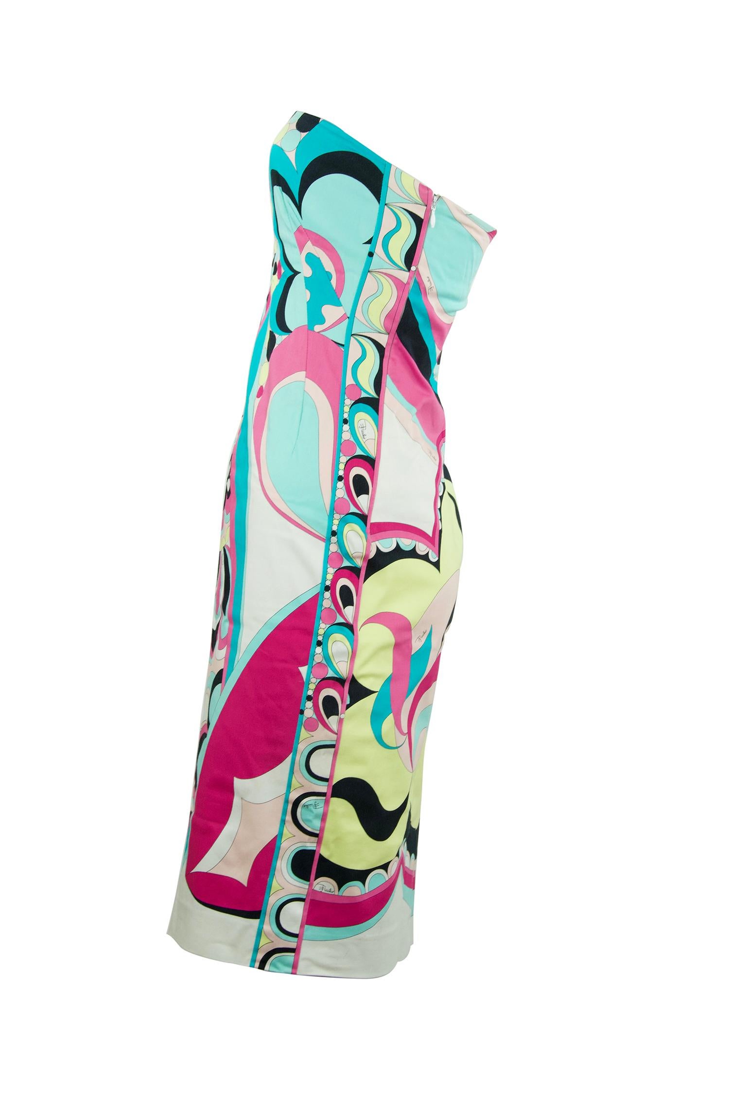 Classic fun and vibrant geometric Pucci print strapless dress with stunning shades of pink, blue and yellow.  A Pucci classic.

Size: US 6

Condition: Very good condition

Composition: 97% cotton, 3% elastane / lining 96% cotton, 4% elastane

Care:
