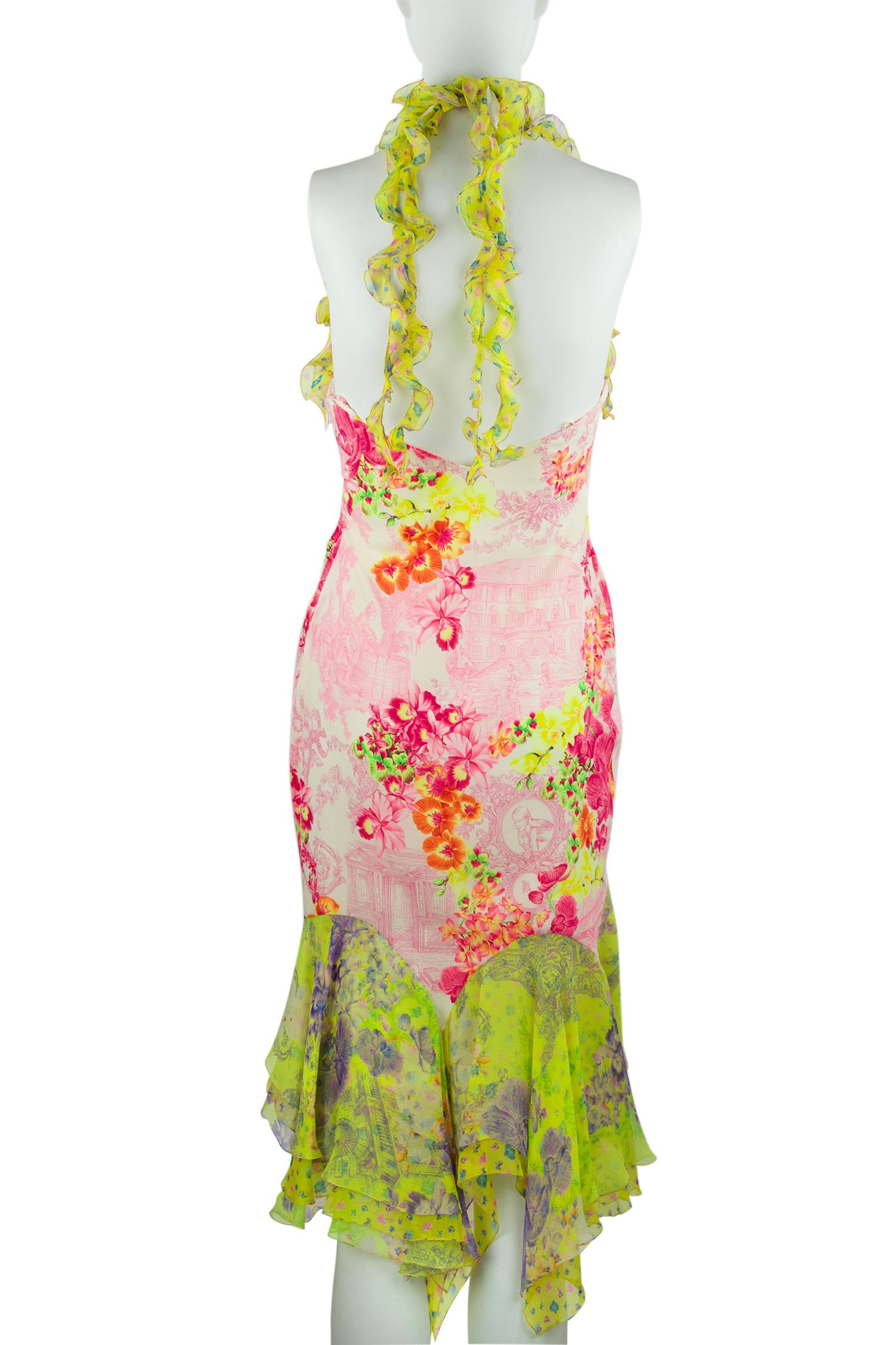 Rosa & Grünes Chiffonkleid von Versace mit Blumendruck - Größe IT 42 (Beige) im Angebot