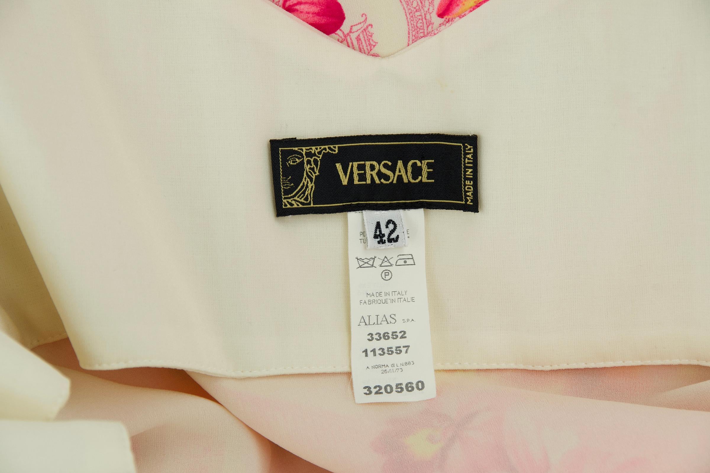 Rosa & Grünes Chiffonkleid von Versace mit Blumendruck - Größe IT 42 im Angebot 3