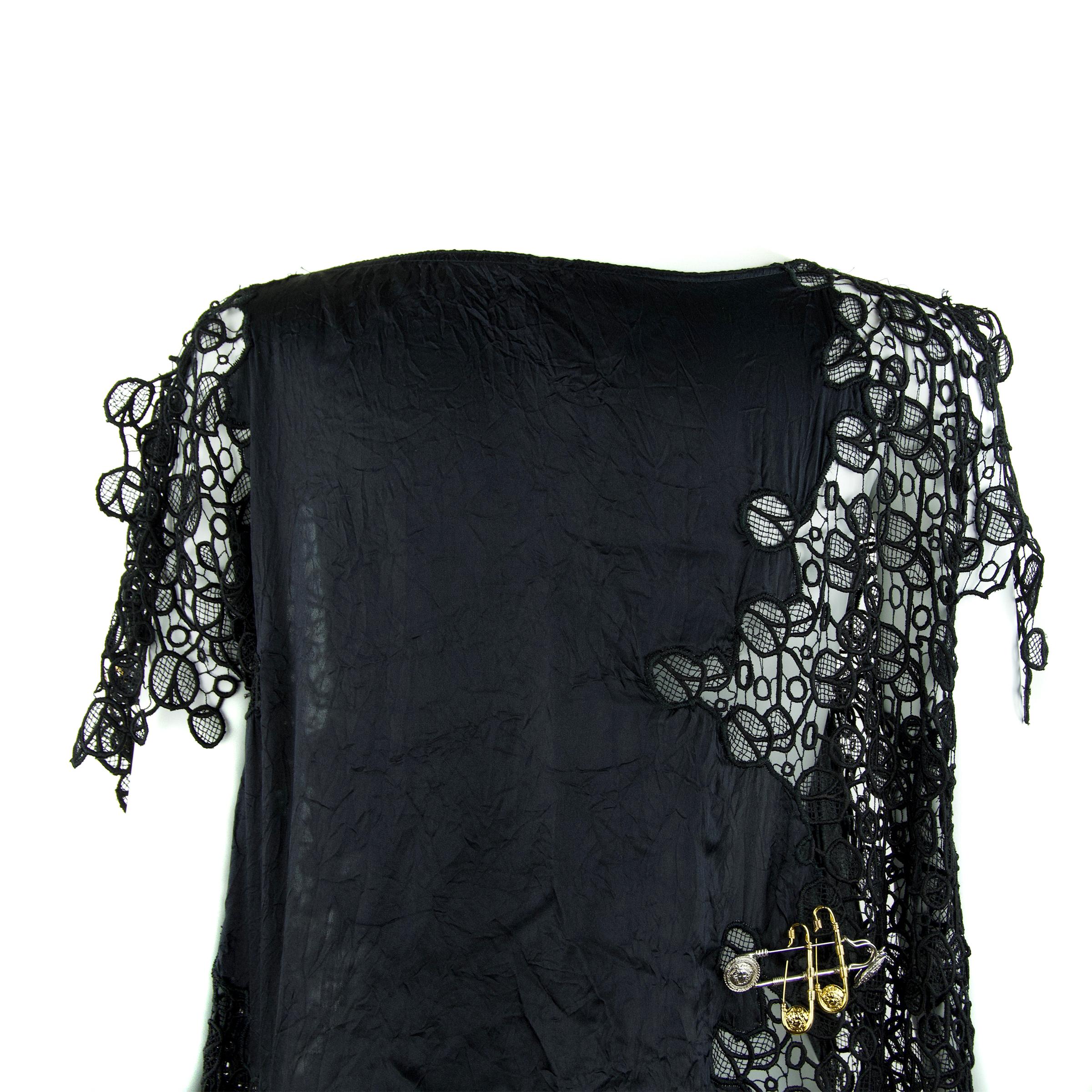 Gianni Versace Vintage Black Silk and Lace Dress with Medusa Safety Pins  In Excellent Condition For Sale In Newport, RI