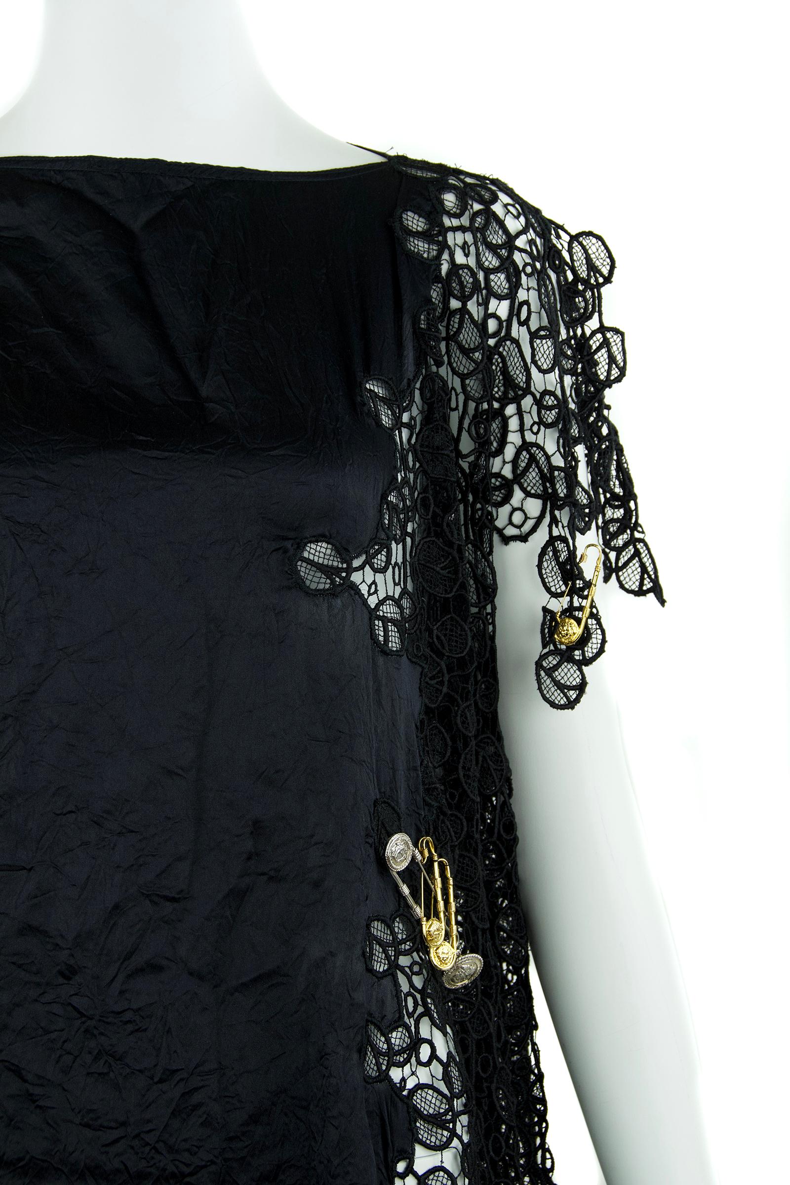 Gianni Versace Vintage Black Silk and Lace Dress with Medusa Safety Pins  For Sale 1