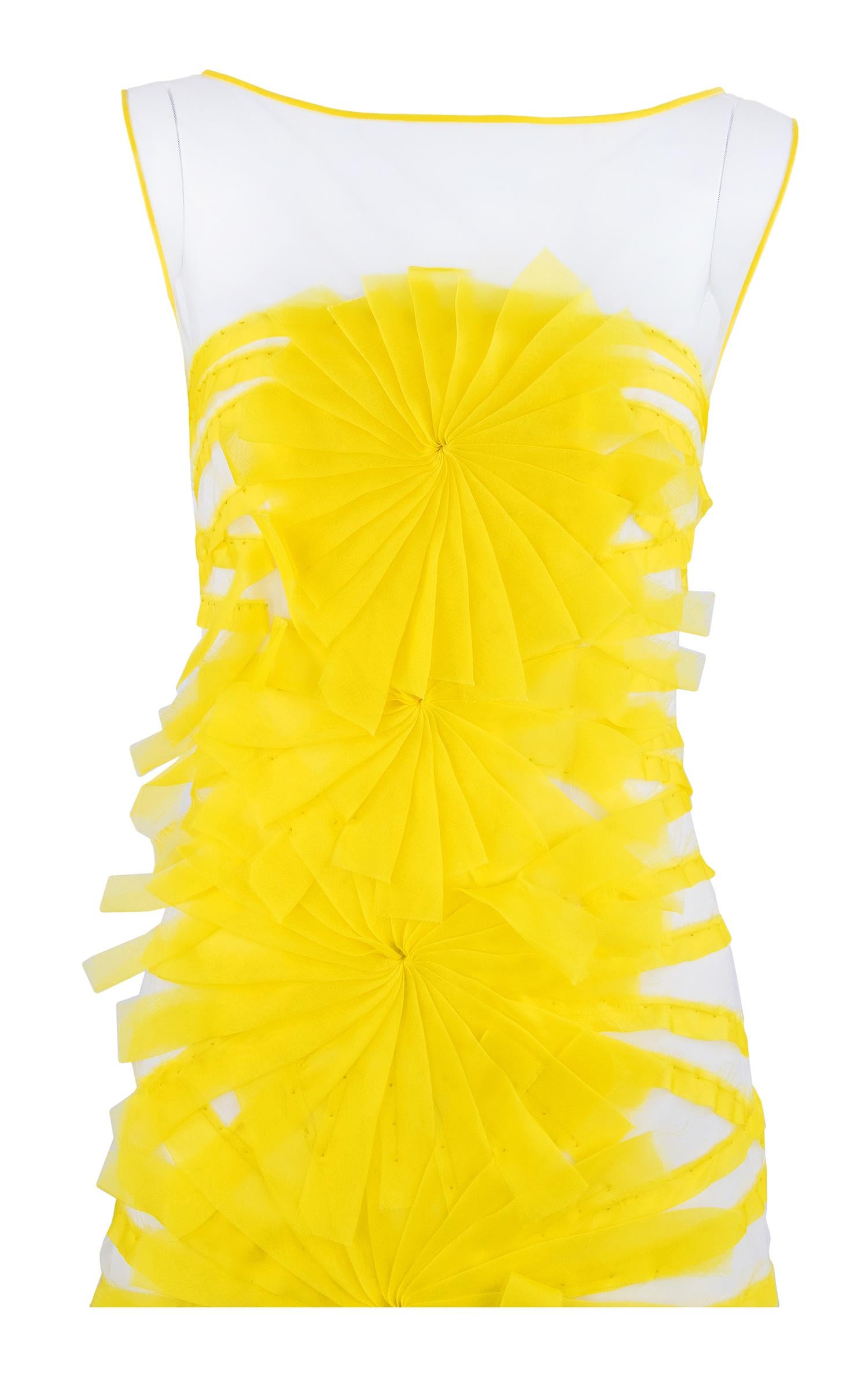 Angel Sanchez Sheer & Yellow Organza Dress - Size 2 In New Condition For Sale In Newport, RI