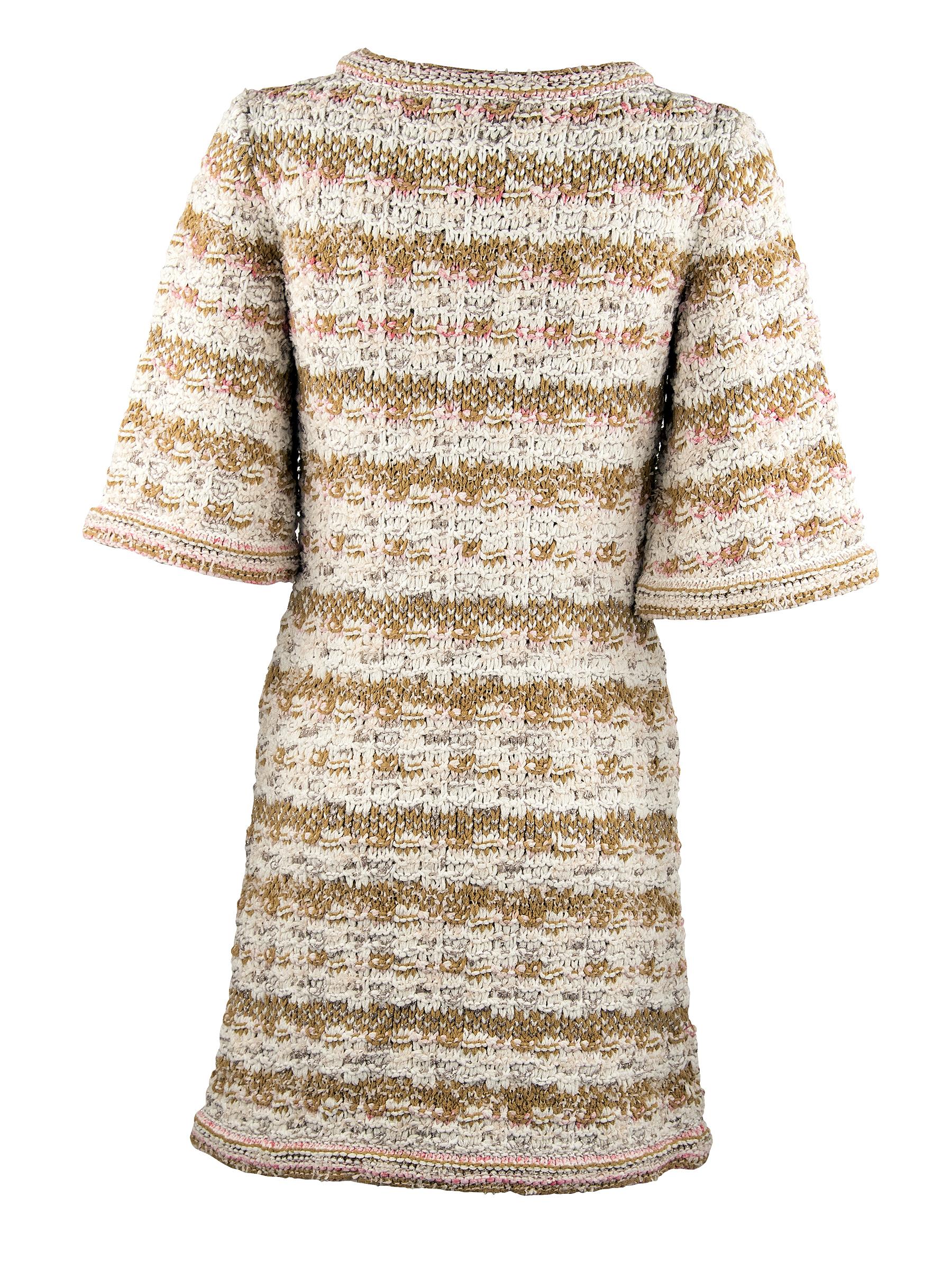 Beige Chanel Resort 2015 Multicolored Woven Shift Dress - Size FR 36 For Sale