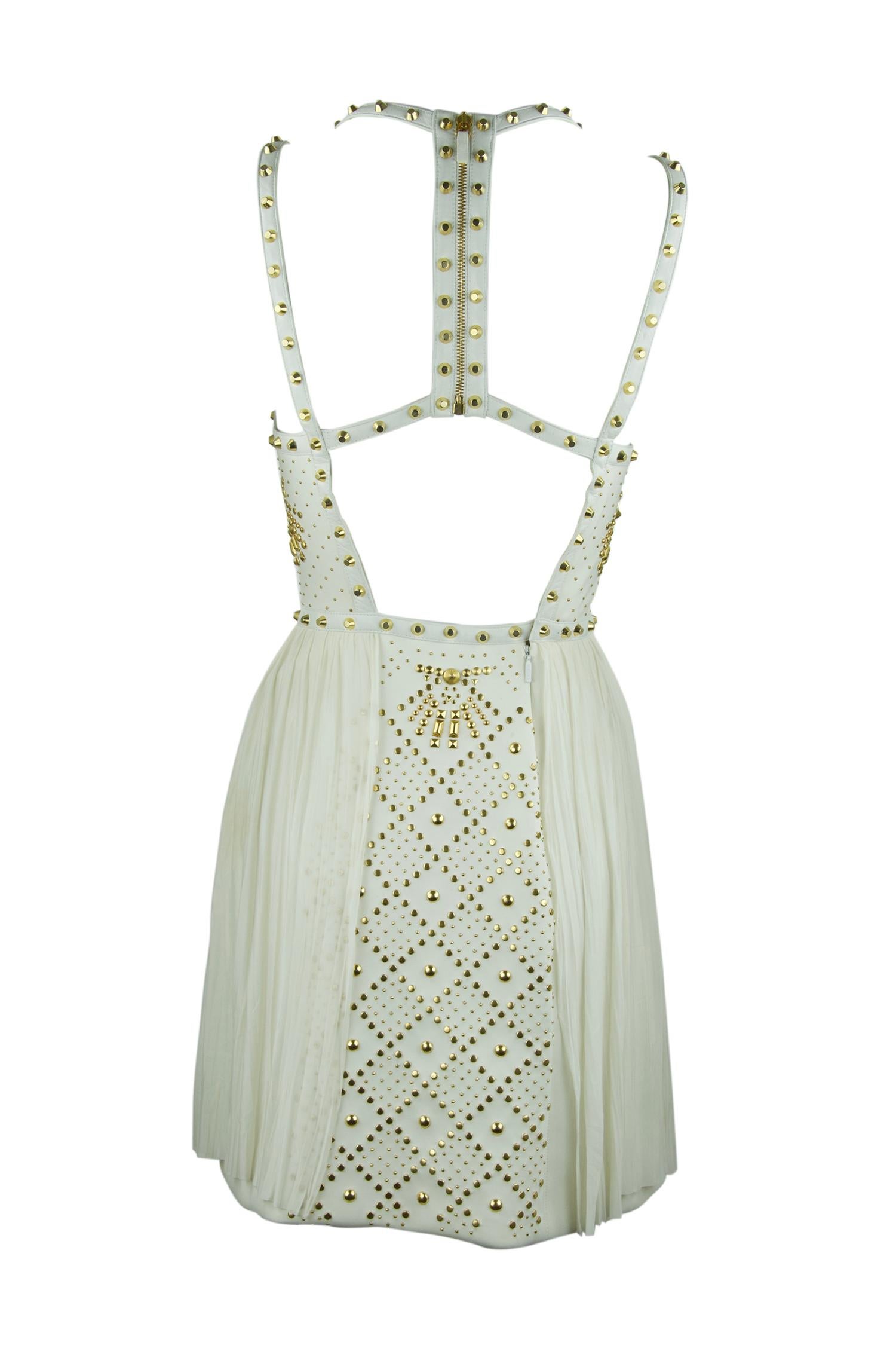 Gianni Versace White Dress with Gold Studs and Leather Trim For Sale at