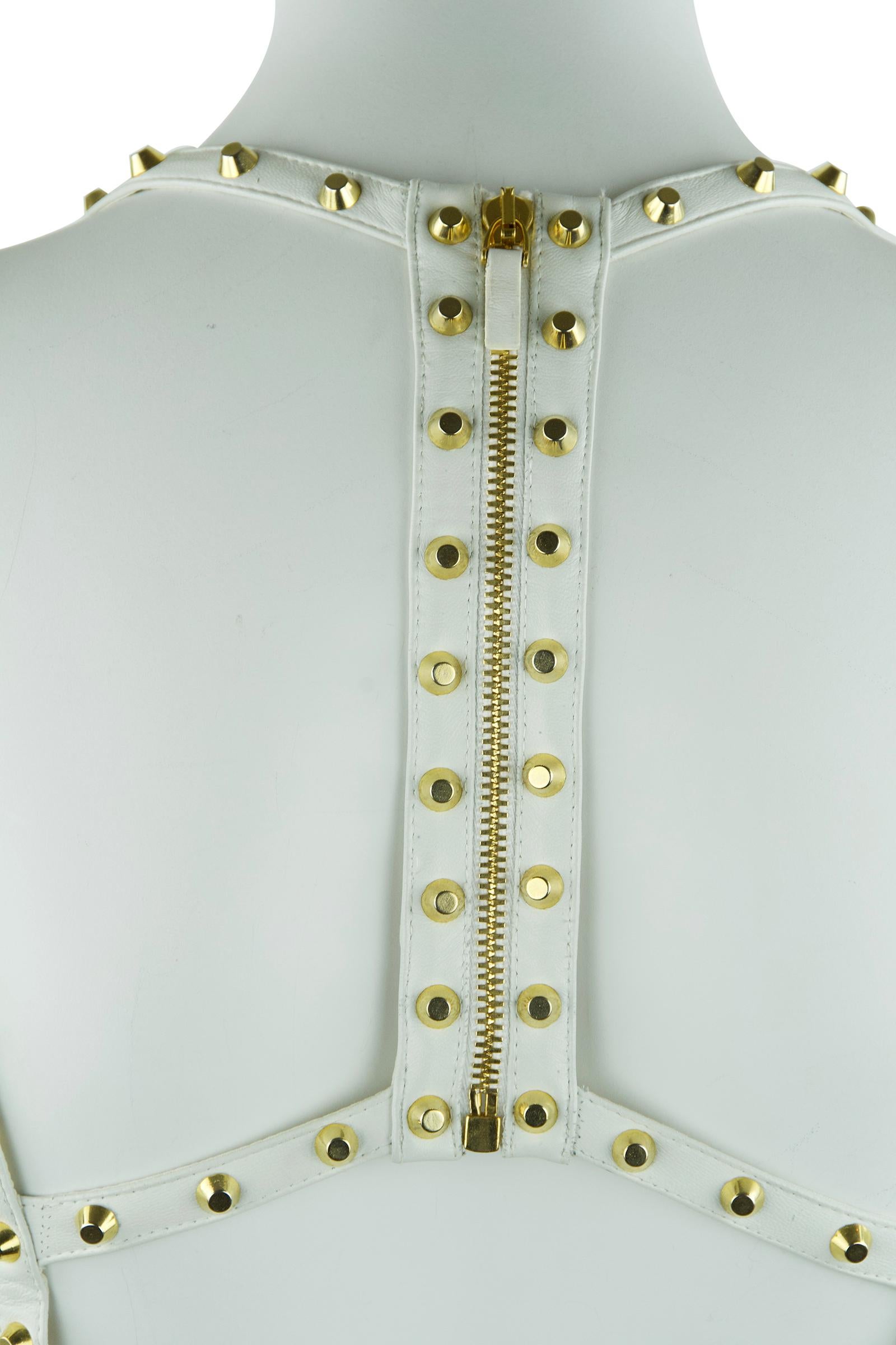 Gianni Versace White Dress with Gold Studs and Leather Trim For Sale at