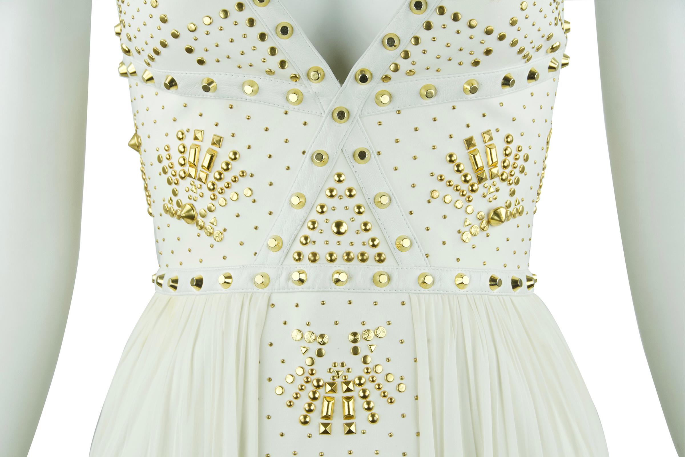 Gianni Versace White Dress with Gold Studs and Leather Trim For Sale at