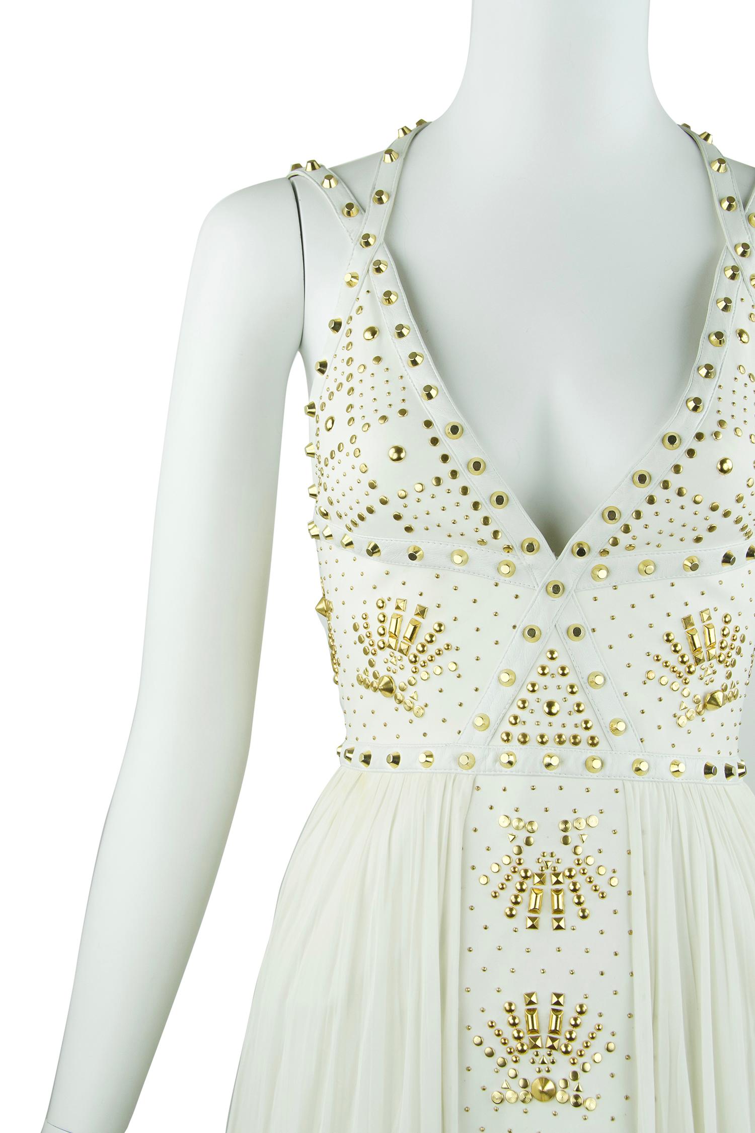 Gianni Versace White Dress with Gold Studs and Leather Trim For Sale at