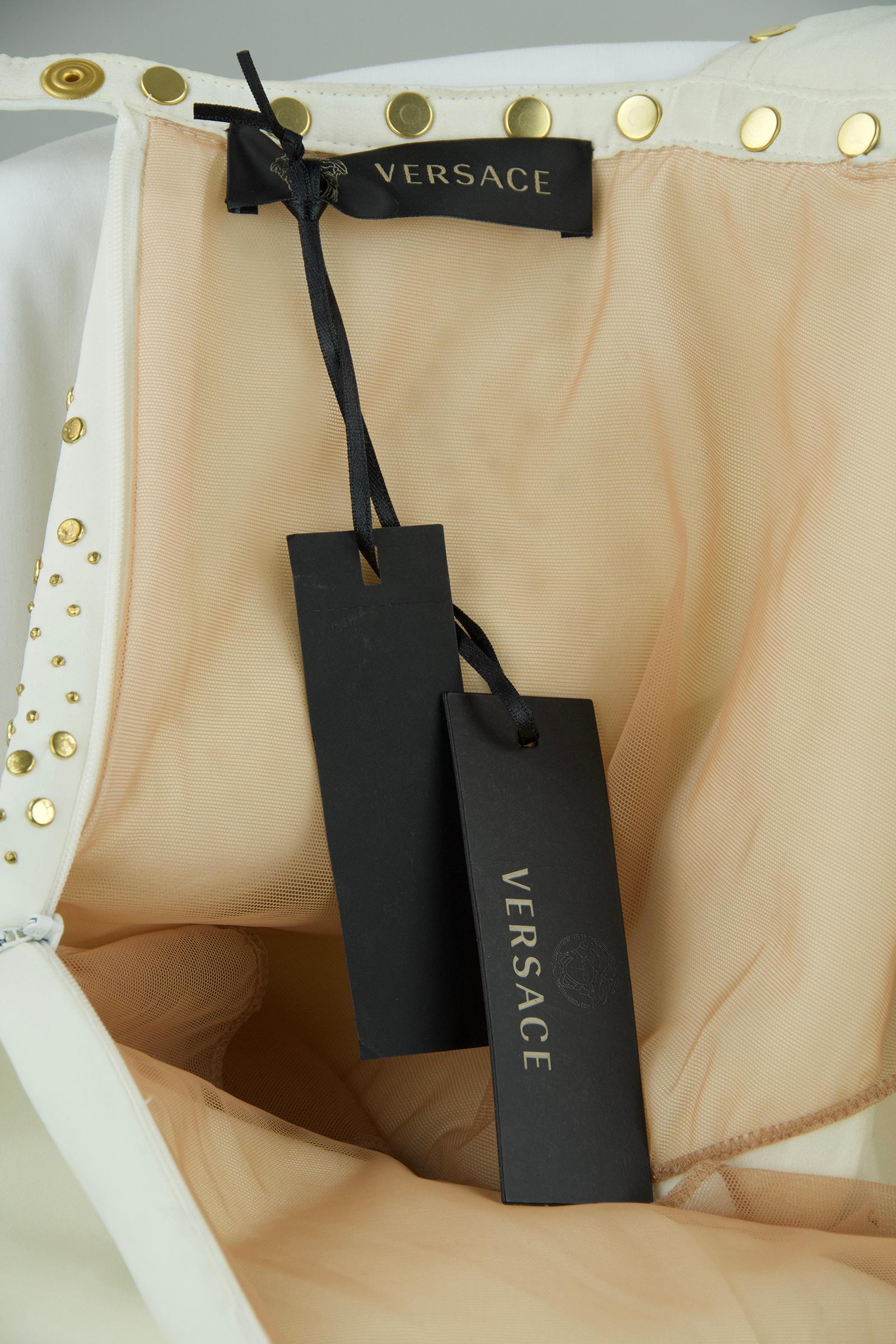 Gianni Versace White Dress with Gold Studs and Leather Trim For Sale at