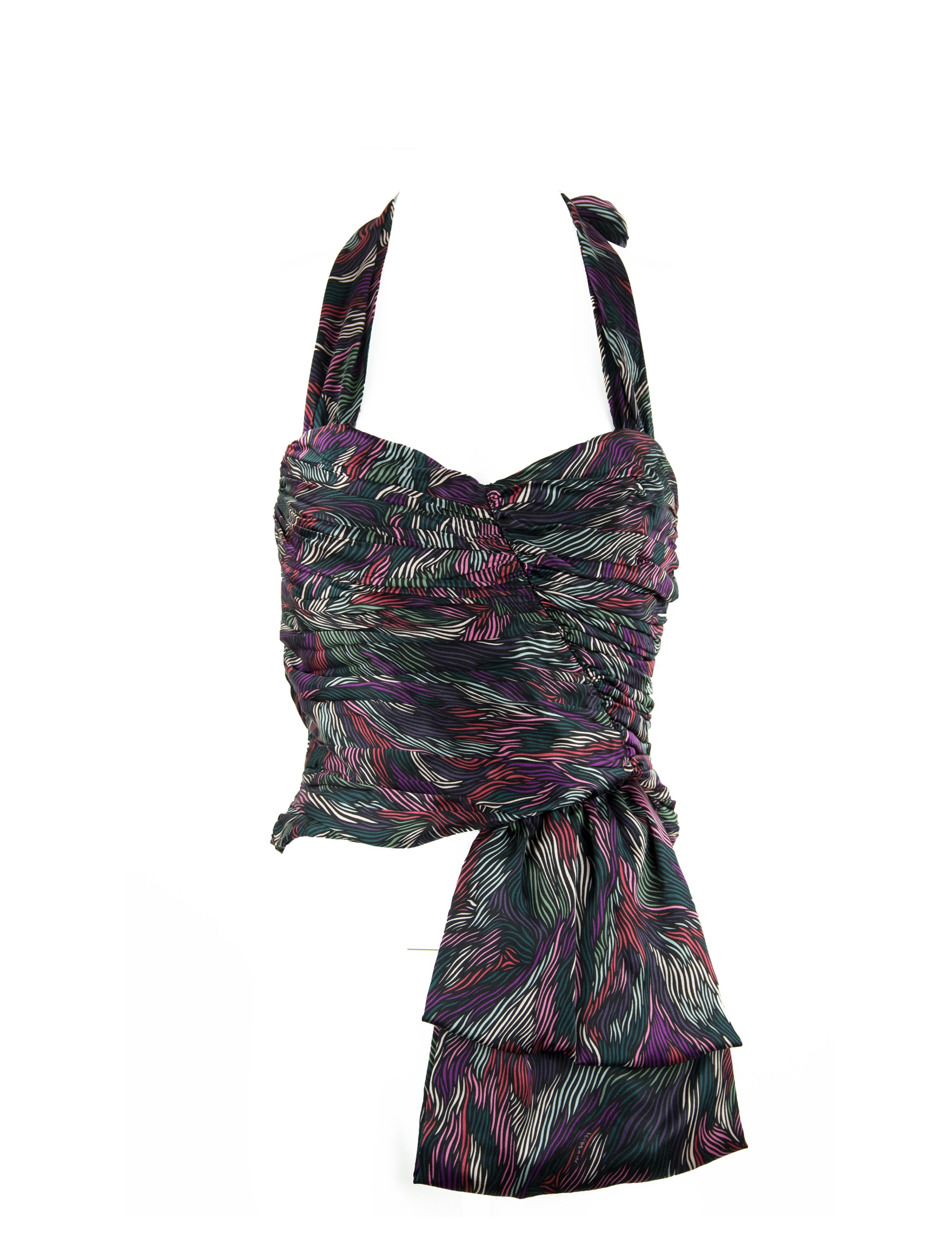 Gorgeous Missoni silk halter top with gathered fabric throughout the bodice and beautifully draped half bow on the left hip.  Black fabric with a multi colored pattern.  The inside of the halter top is boned and lined for extra structure and