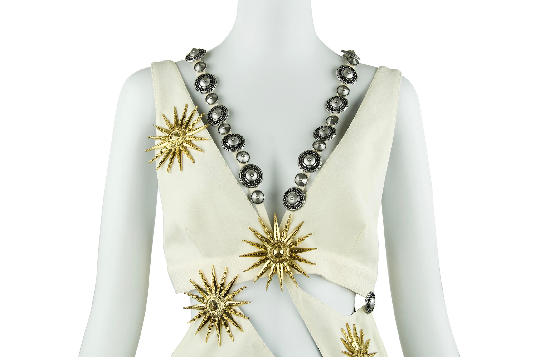 Fausto Puglisi Off White Cut Out Dress with Medallions - Size IT 42 In New Condition In Newport, RI