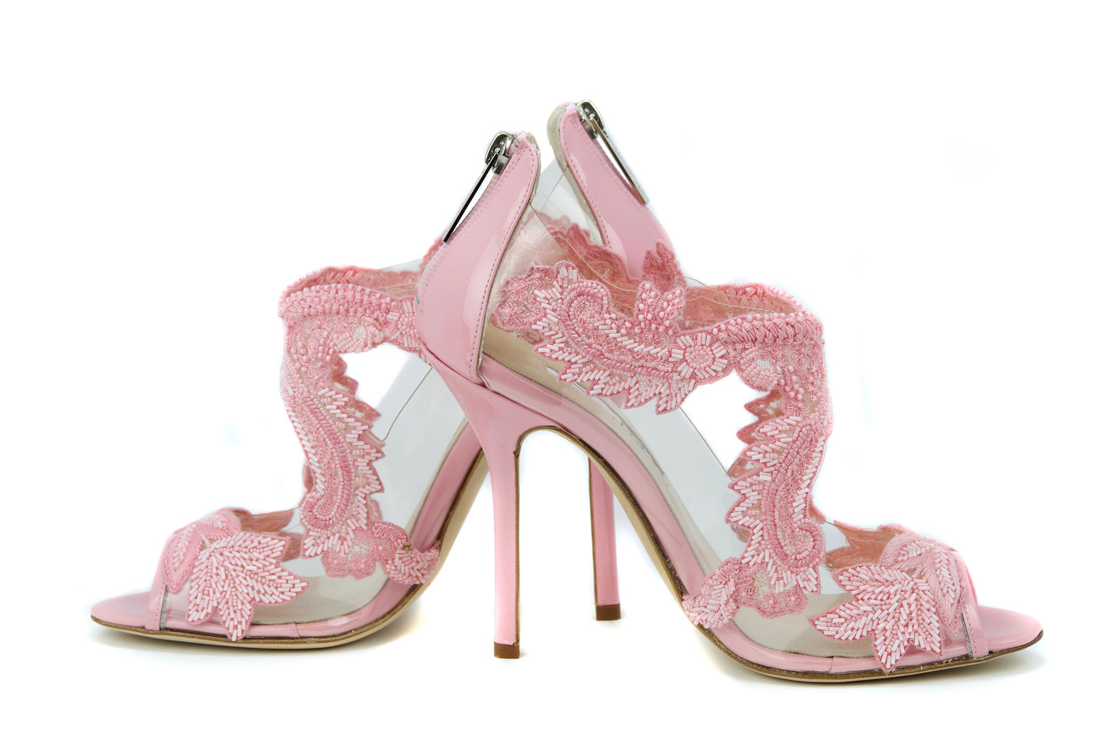 Beige Oscar de la Renta Pink Embellished PVC Heel 