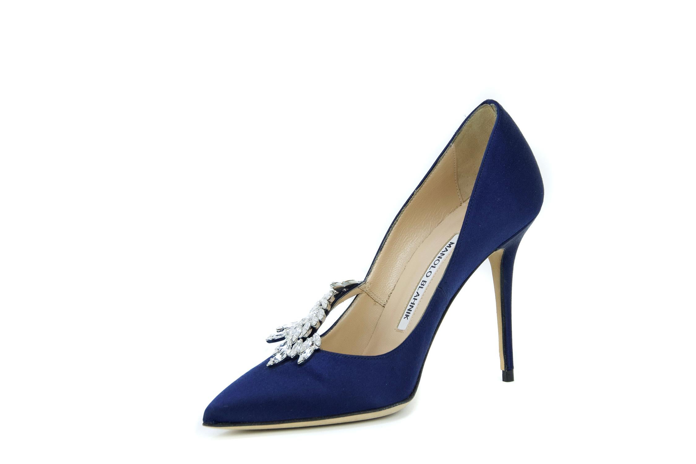 Black Manolo Blahnik Navy Satin and Crystal Embellished Pumps  For Sale