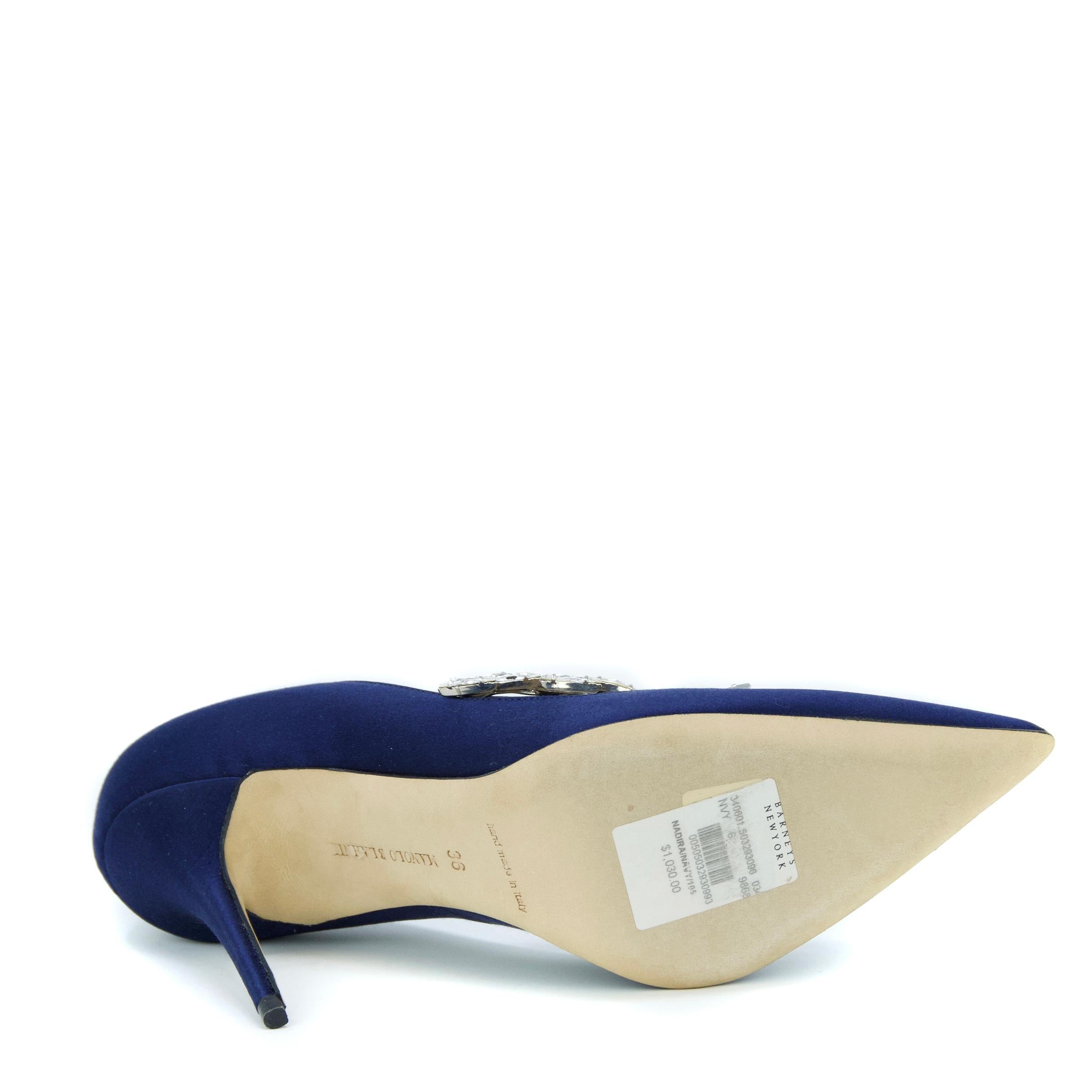 Manolo Blahnik Navy Satin and Crystal Embellished Pumps  For Sale 1