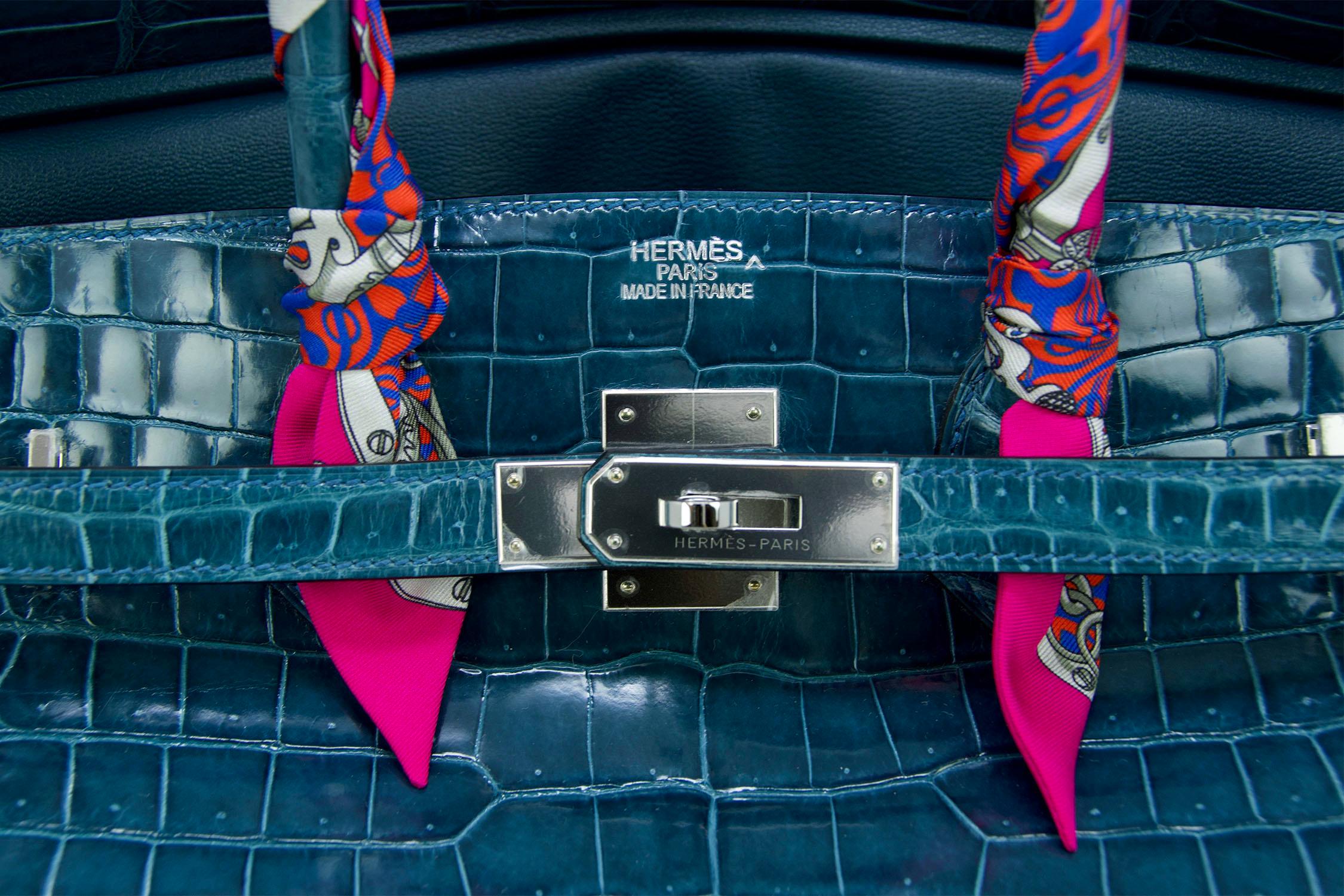 Women's Hermes Bleu Colvert Porosus Crocodile with Palladium Hardware Birkin 35cm Bag 