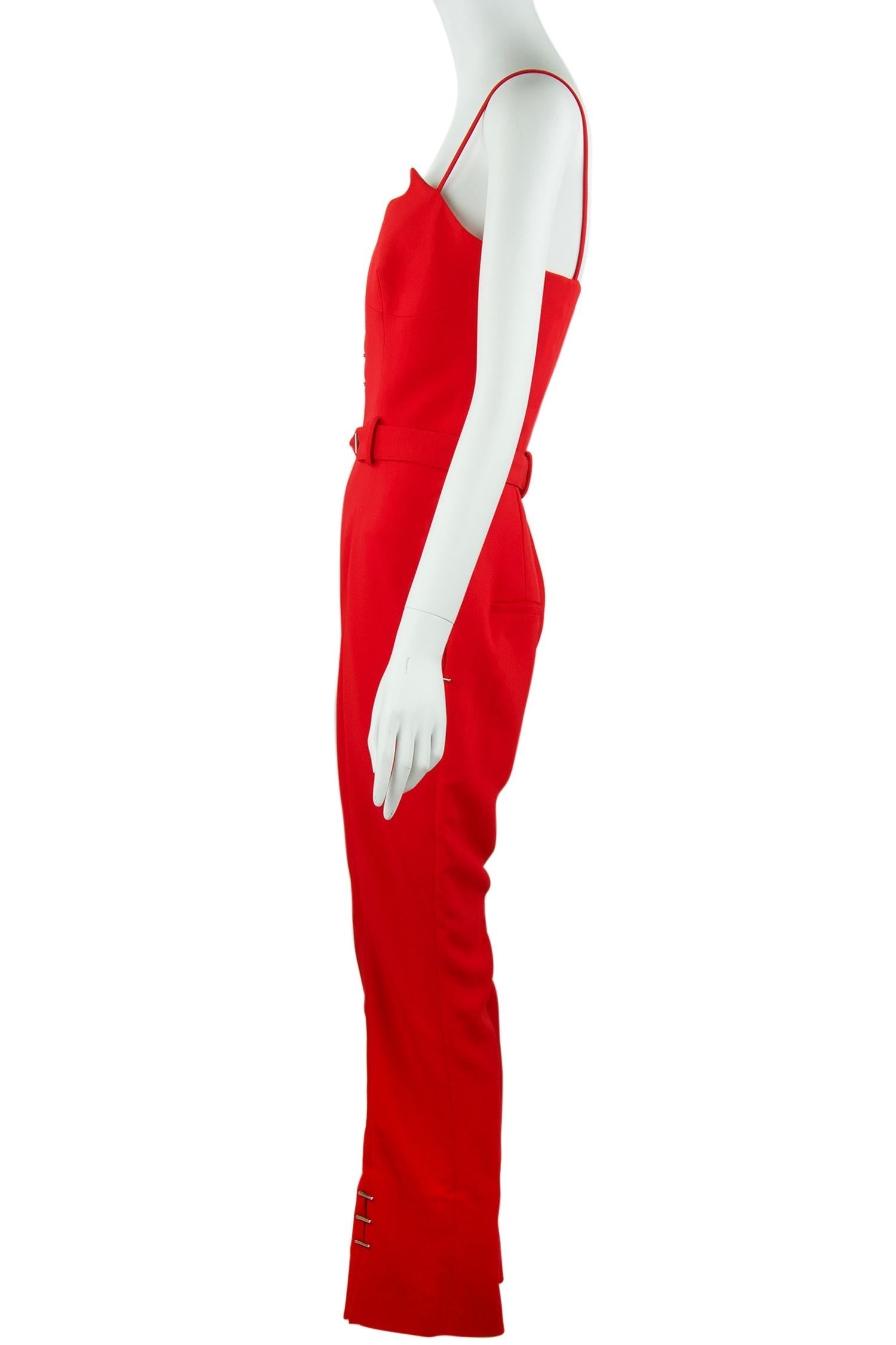 Classic and sexy red Mugler jumpsuit with silver hardware detail and spaghetti straps.  Very sexy look for a night out on the town.

Size: FR 38

Condition: New with tags

Composition: 51% viscose, 46% acetate, 3% elastane / lining 57% viscose, 43%