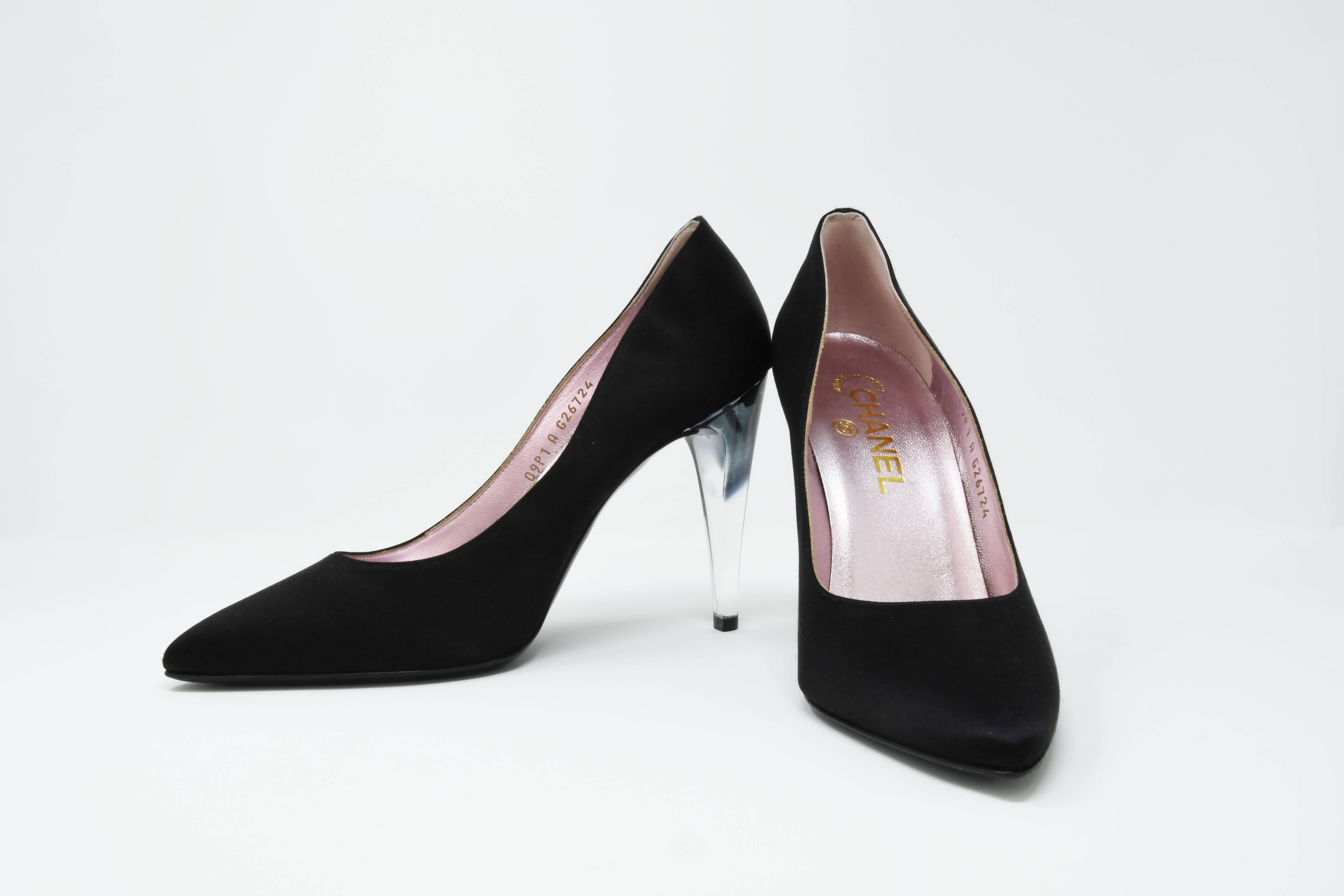 Chanel Black Satin Pumps with Gradient Lucite Heels Size 37  For Sale 1