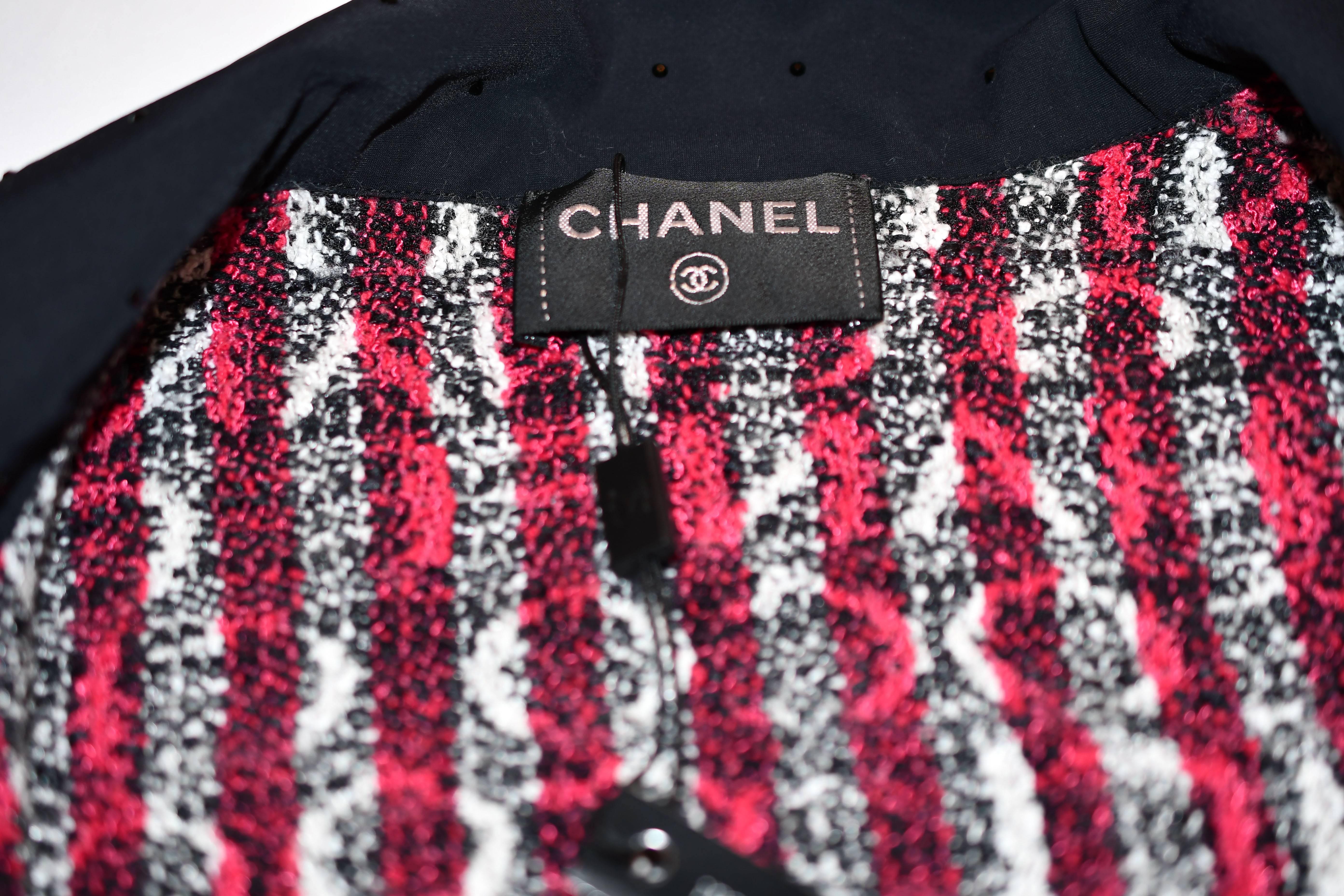 Women's Chanel Red/White Stripe Jacket with Black Trim and Embossed 