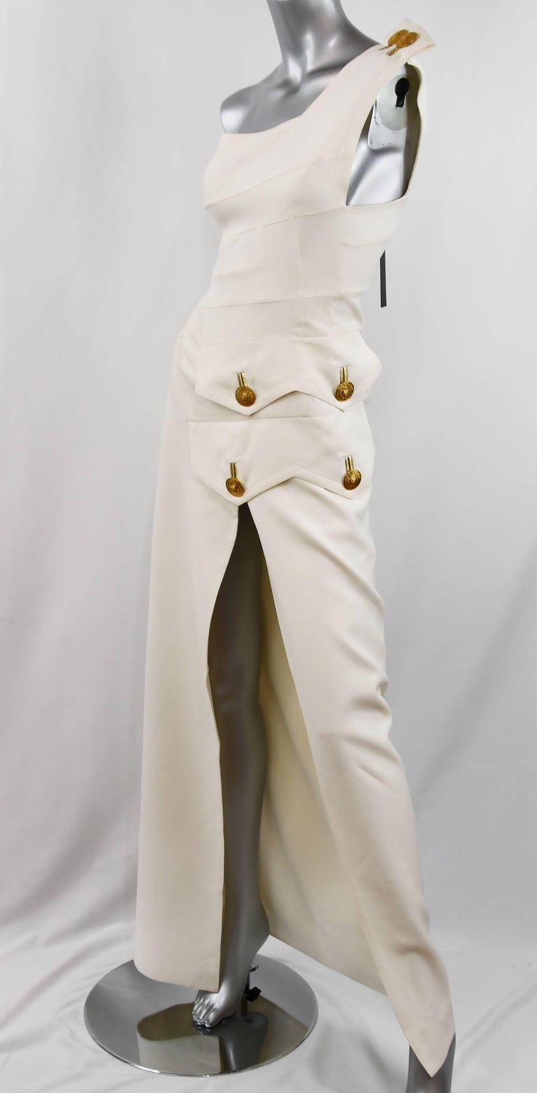 Versace White Column Gown with Medusa Button Trim and deep ...