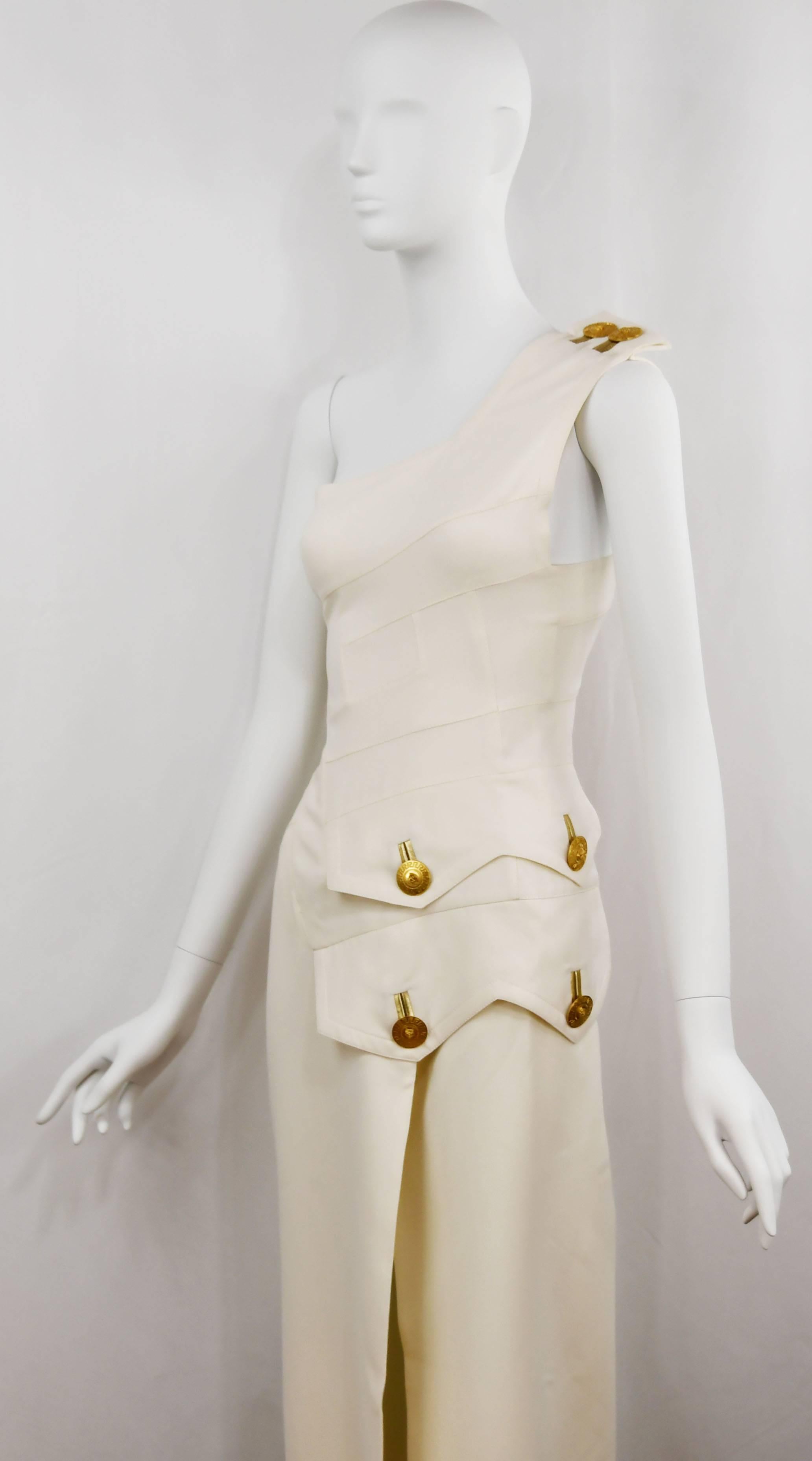 Versace White Column Gown with Medusa Button Trim and deep slit  In New Condition For Sale In Newport, RI