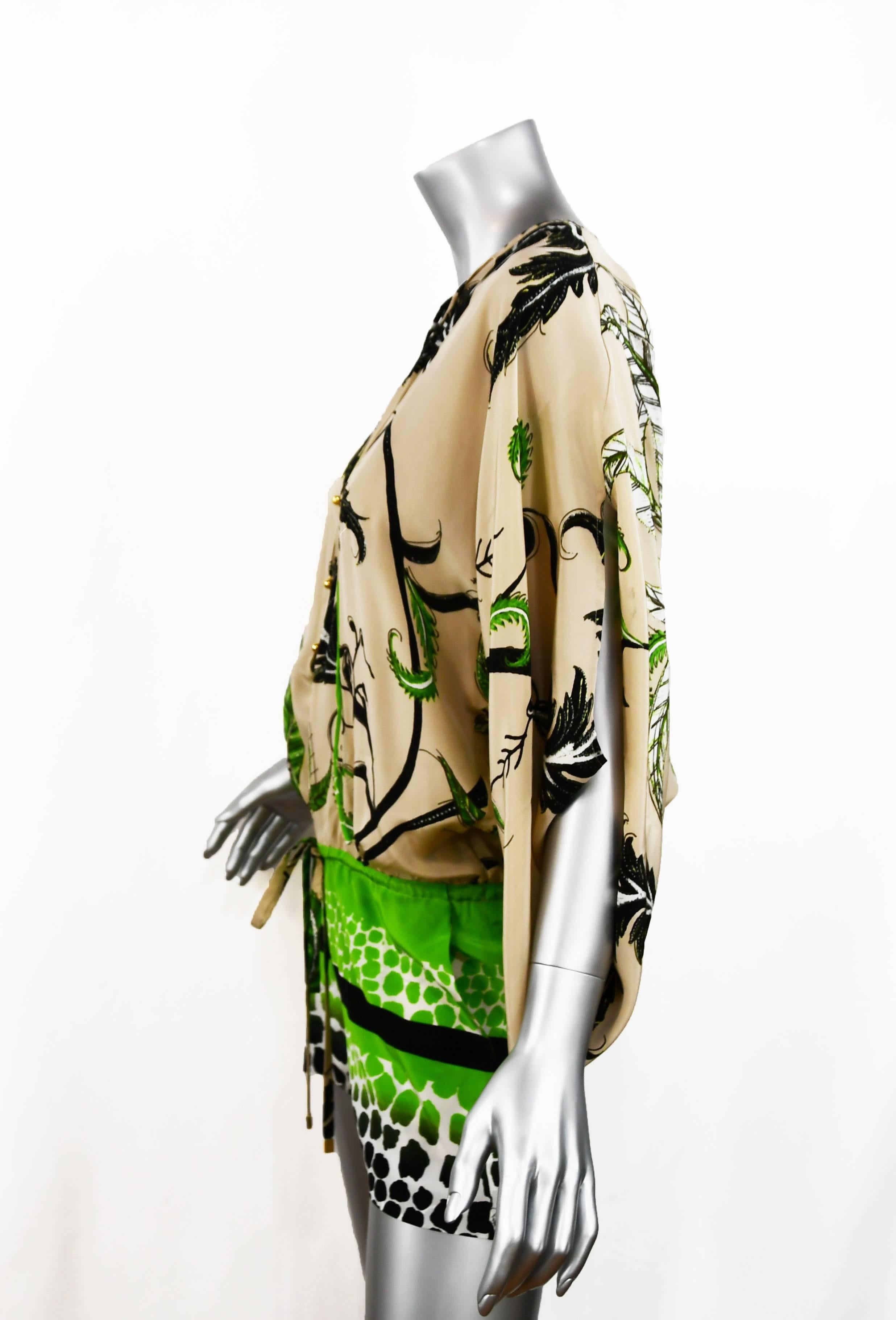 Roberto Cavalli jungle print silk chiffon tunic style short romper with Kimono like sleeves.  Colors of ivory, green and black.  Perfect for resort.  New with tags.  Size 38