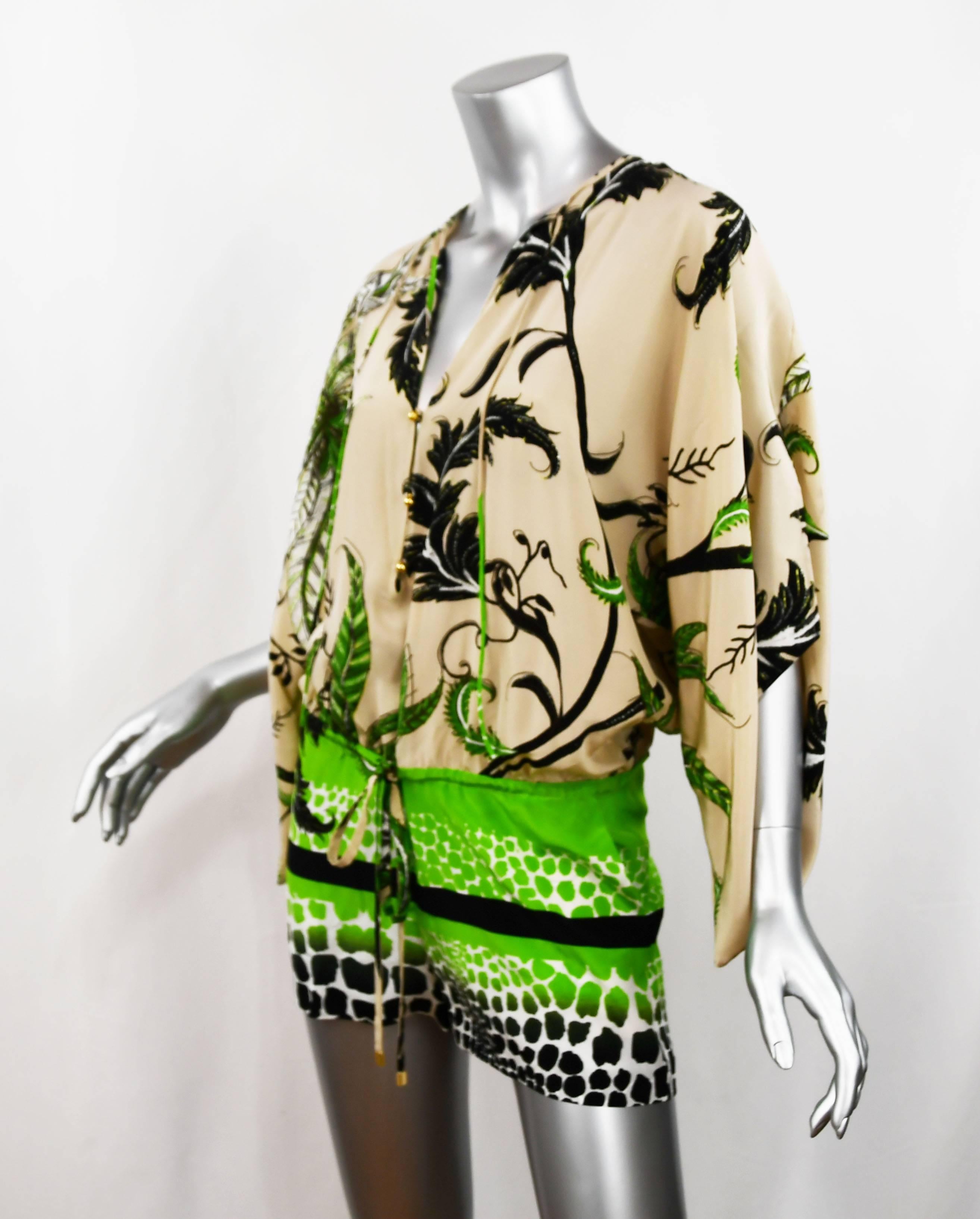 Beige Roberto Cavalli Jungle Print Silk Chiffon Short Romper, Size 38  For Sale