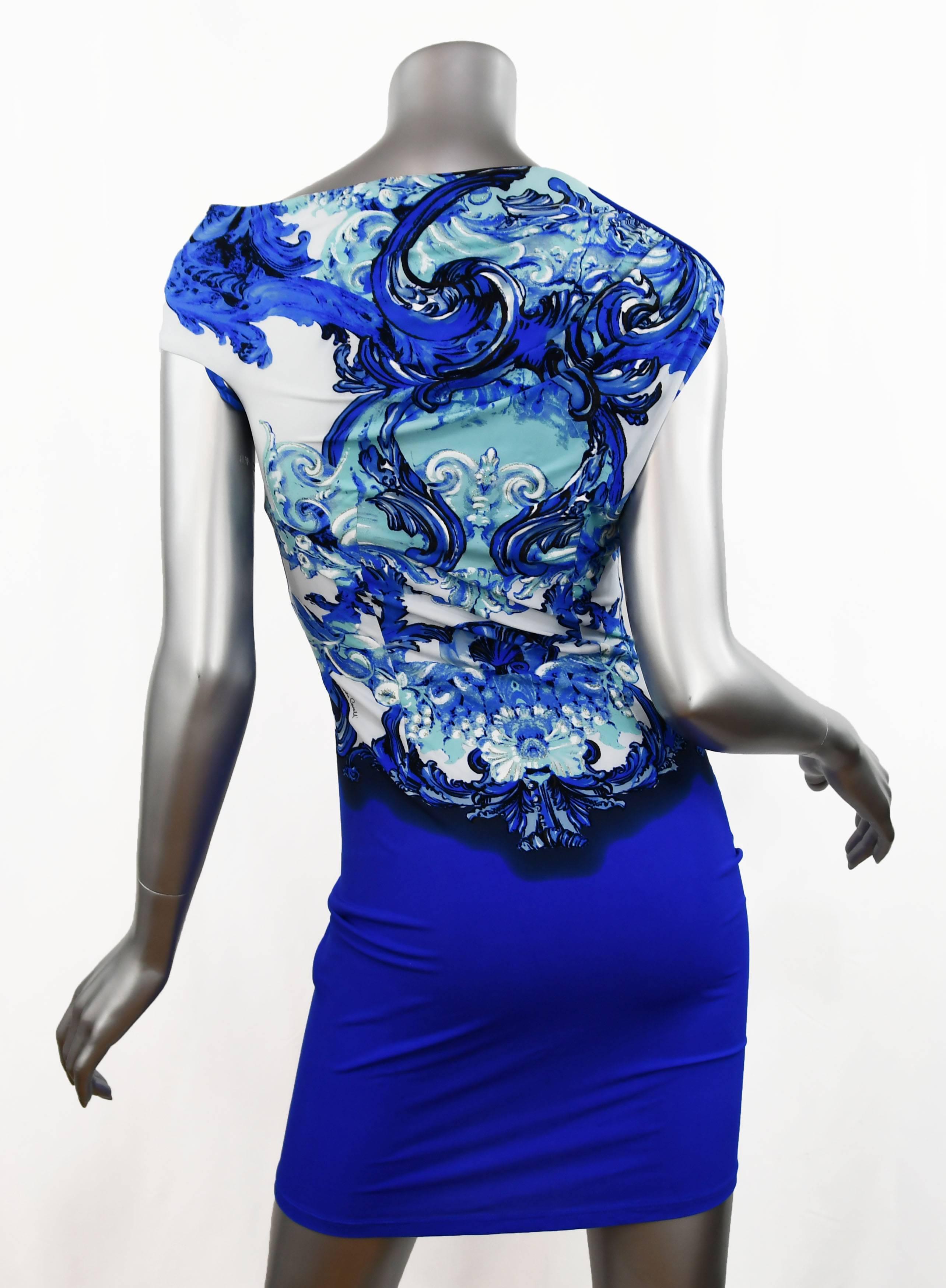 Roberto Cavalli Royal Blue with Mermaid/Sea Print Beach Dress, Size 40 In Excellent Condition For Sale In Newport, RI
