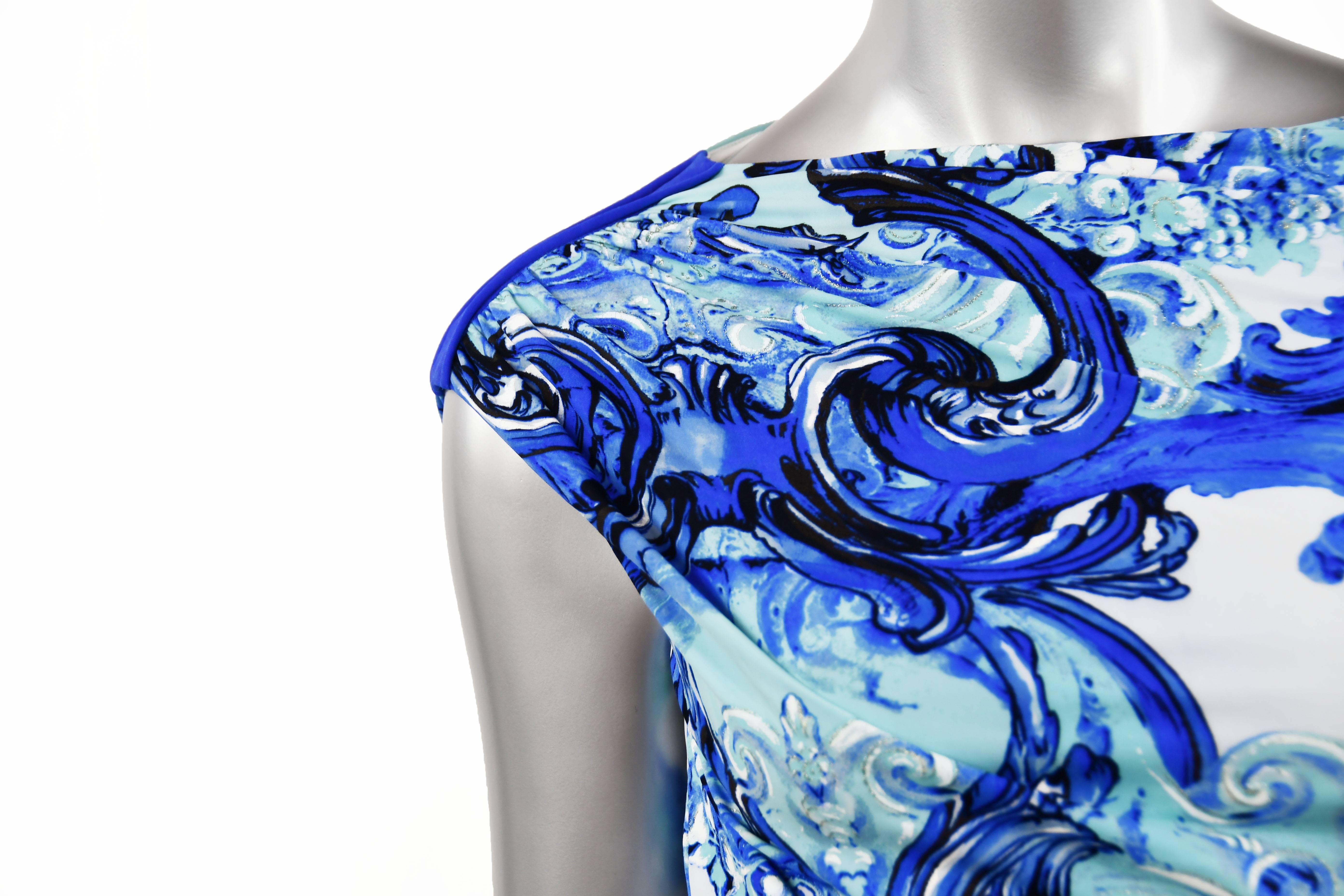 Women's Roberto Cavalli Royal Blue with Mermaid/Sea Print Beach Dress, Size 40 For Sale