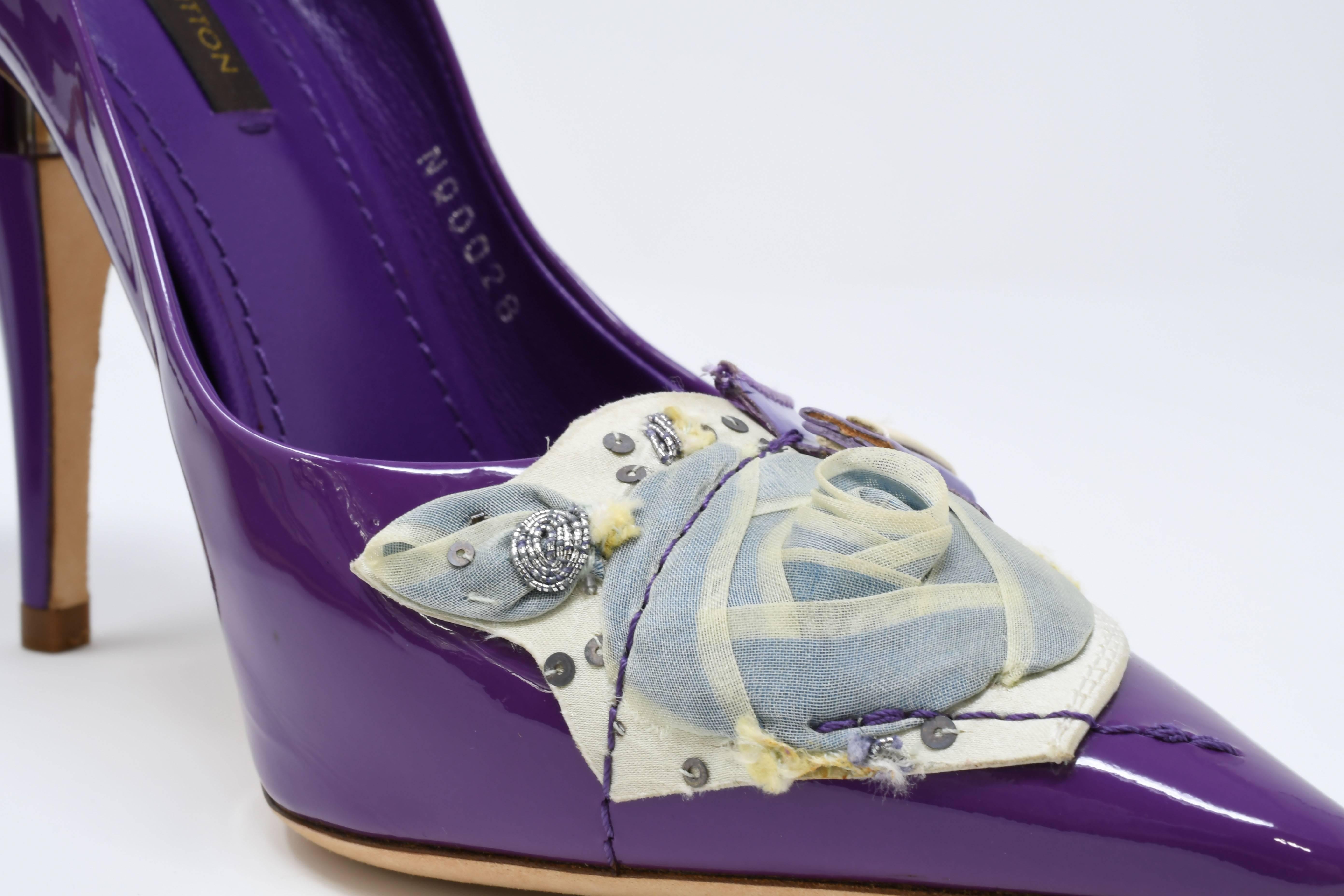 Louis Vuitton After Dark Riviera Violet Patent Leather Pumps Women's Size 37.  Patchwork montage on vamp with fabric Rose and patent leather pieces; embroidered sequin and bead detailing.  Features smooth grained leather lining and padded insole