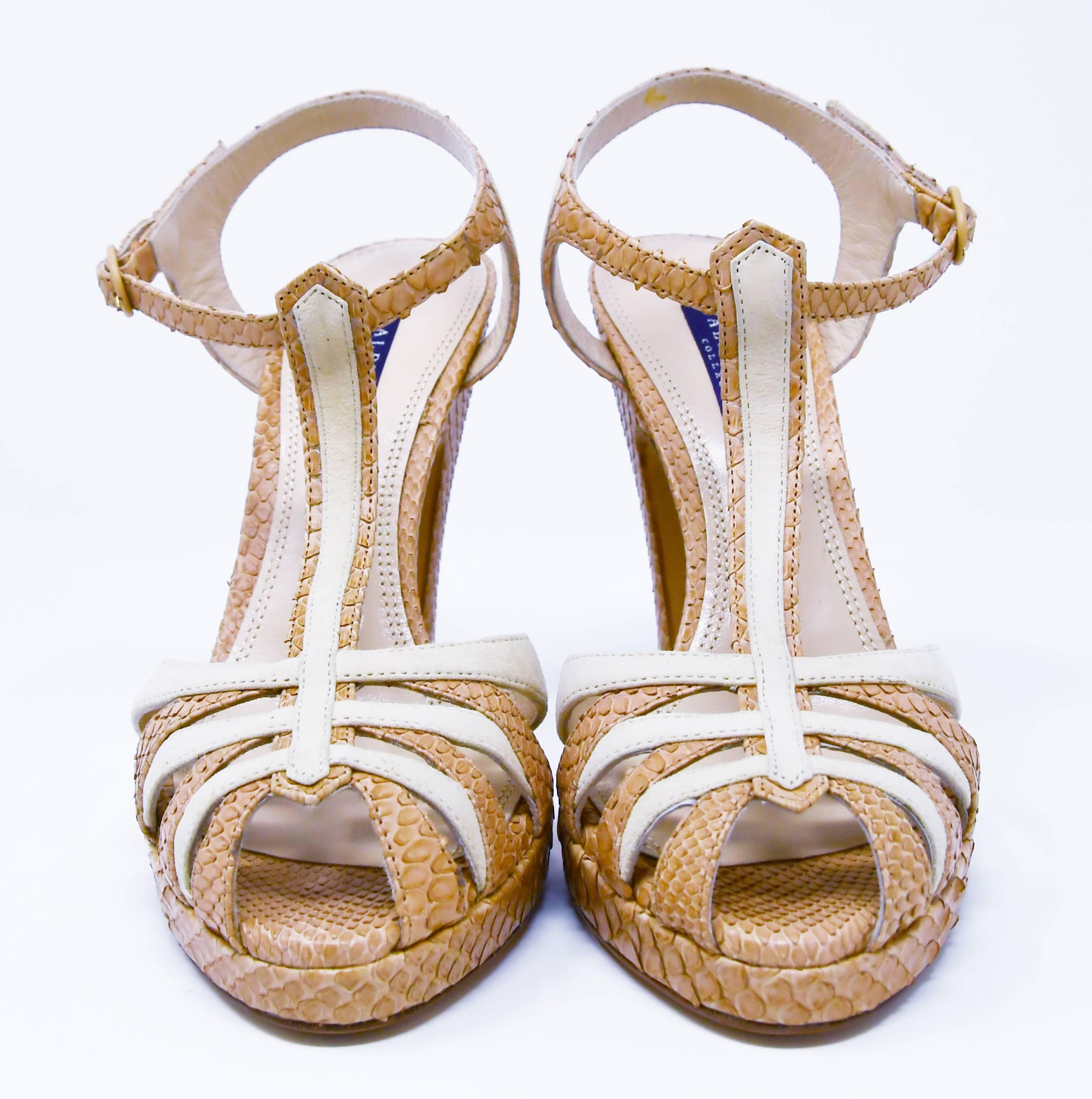 Beige Ralph Lauren Suede/Python Sandal with high heel, Size 6B For Sale