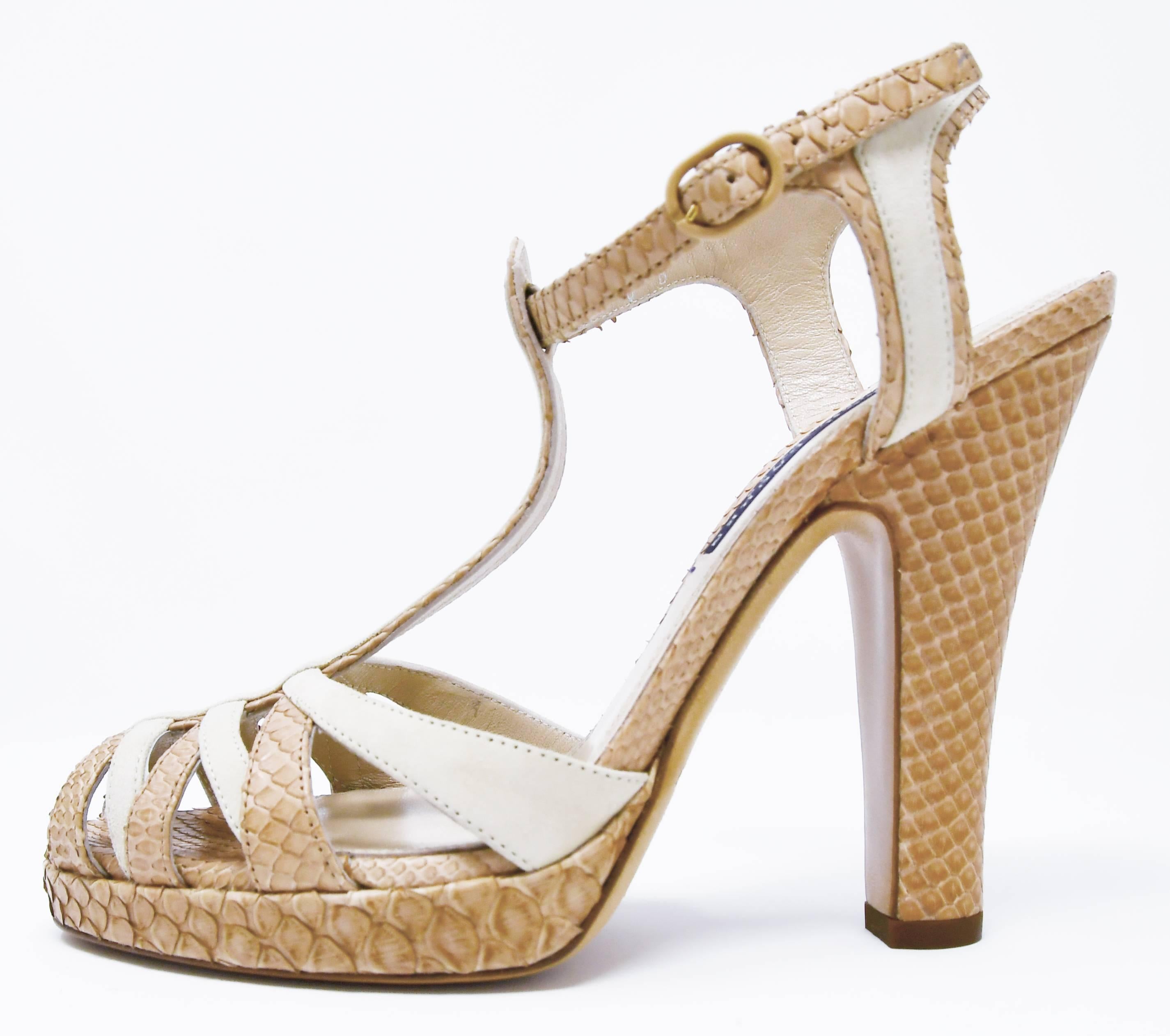 A gorgeous and rare Ralph Lauren Collection Suede/Python, Strappy Sandal for Resort/Summer.  The shoe is constructed of nude python and suede with off-white leather accent.  This is a very versatile look and can be worn with anything.  A beautiful