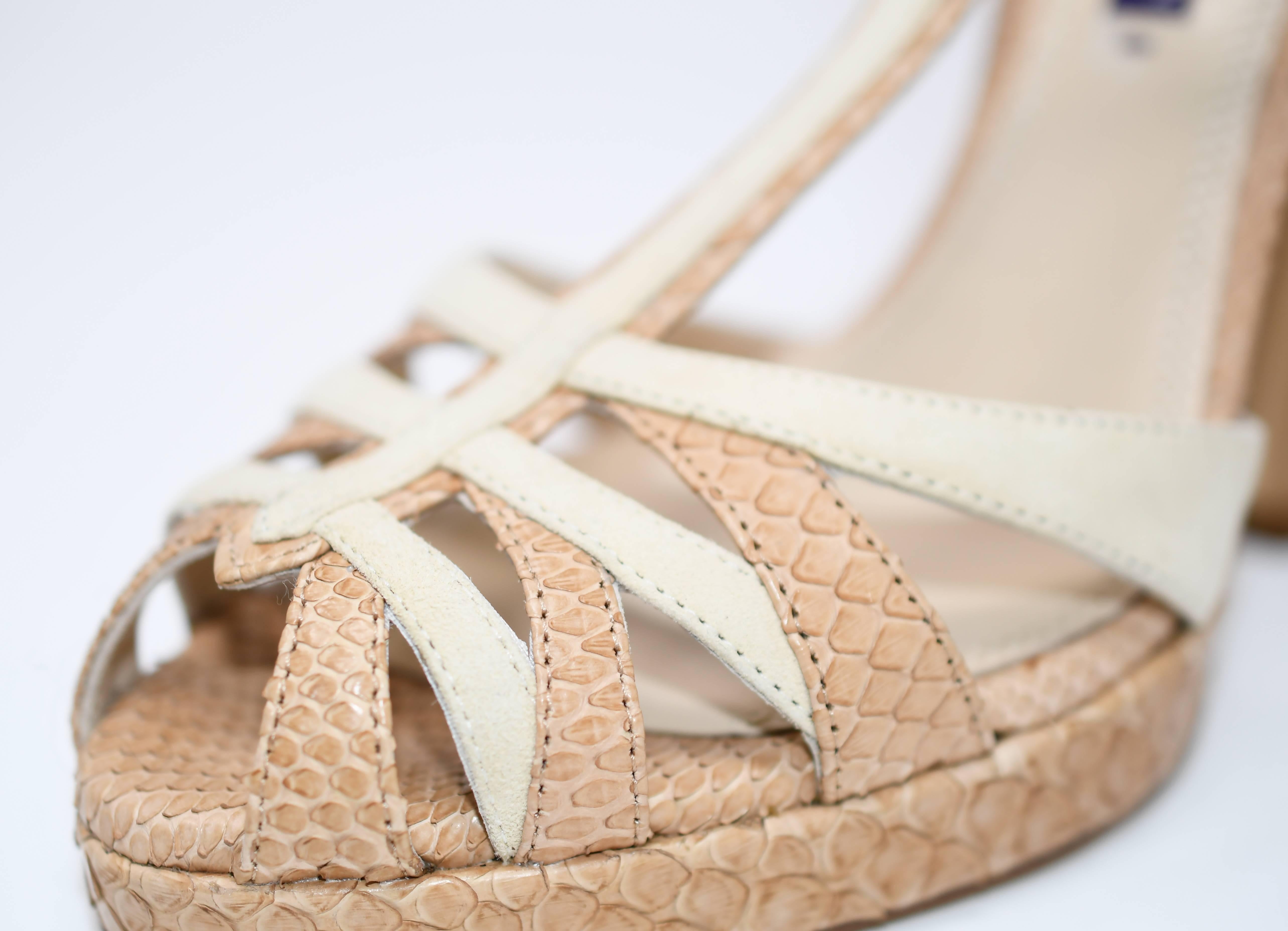 Ralph Lauren Suede/Python Sandal with high heel, Size 6B In New Condition For Sale In Newport, RI