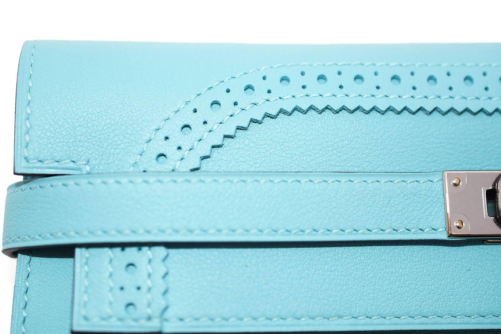 Hermes Ghillies Kelly Wallet in Blue Atoll PHW In New Condition For Sale In Newport, RI